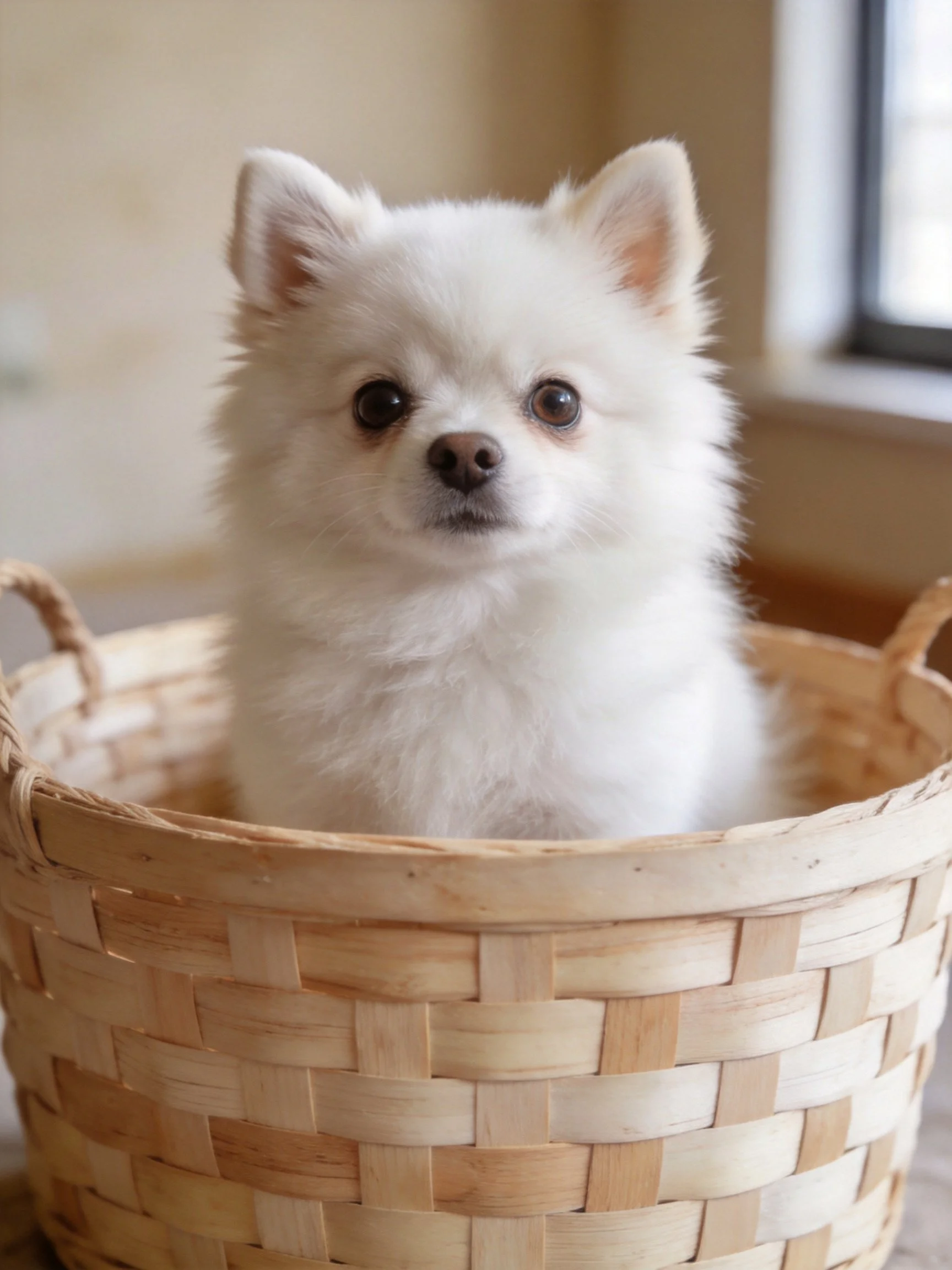 A small white puppy sits inside a woven basket near a window.