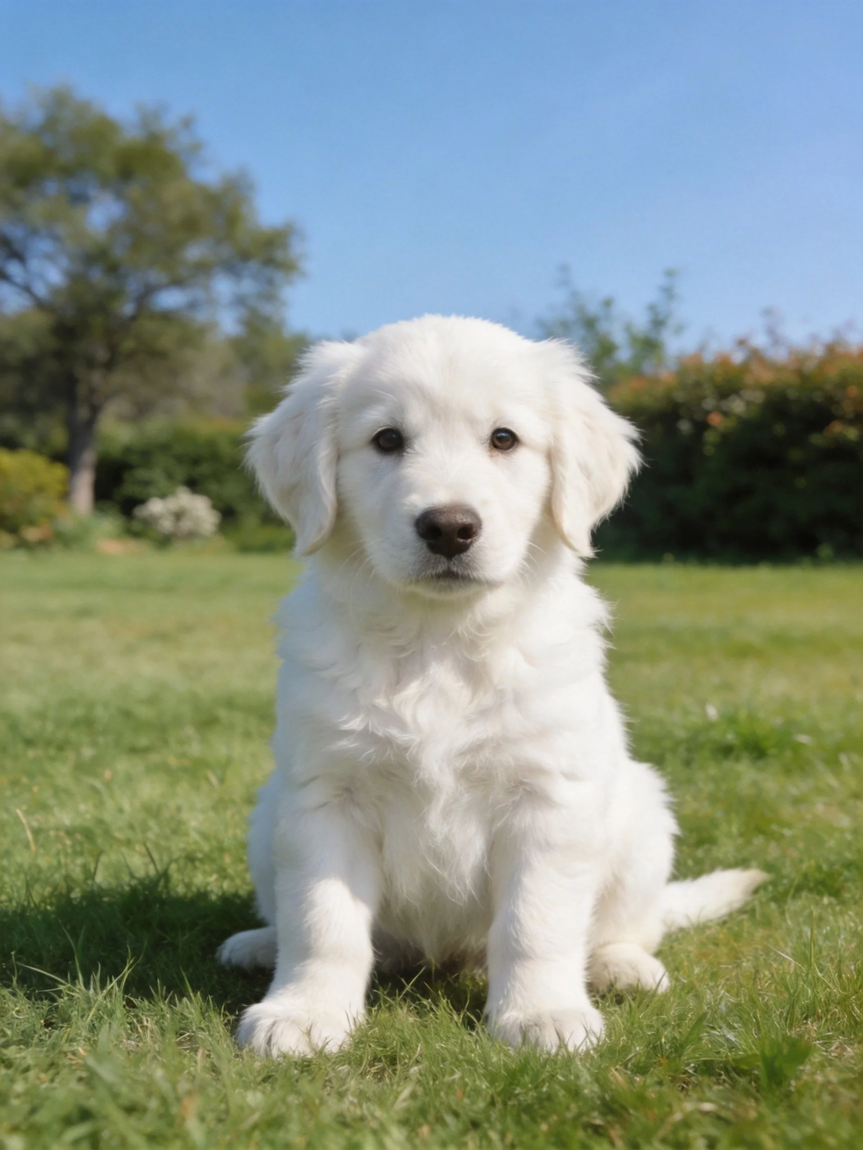 A fluffy white puppy sits on green grass in a sunny outdoor area.