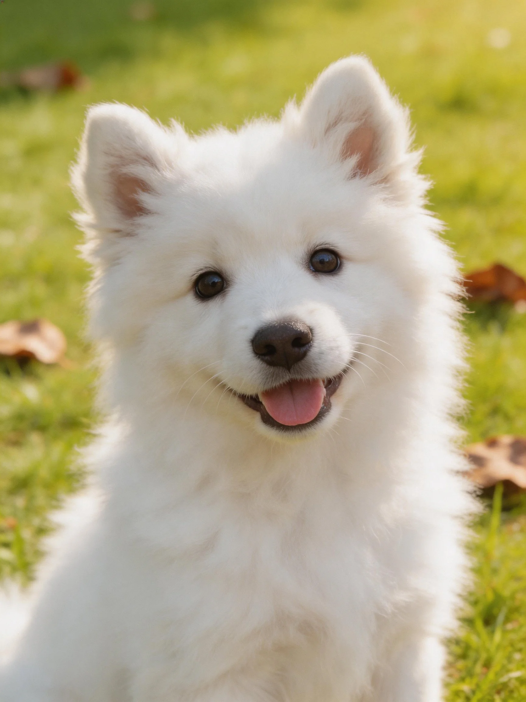 A fluffy white puppy sits happily on green grass with brown leaves.