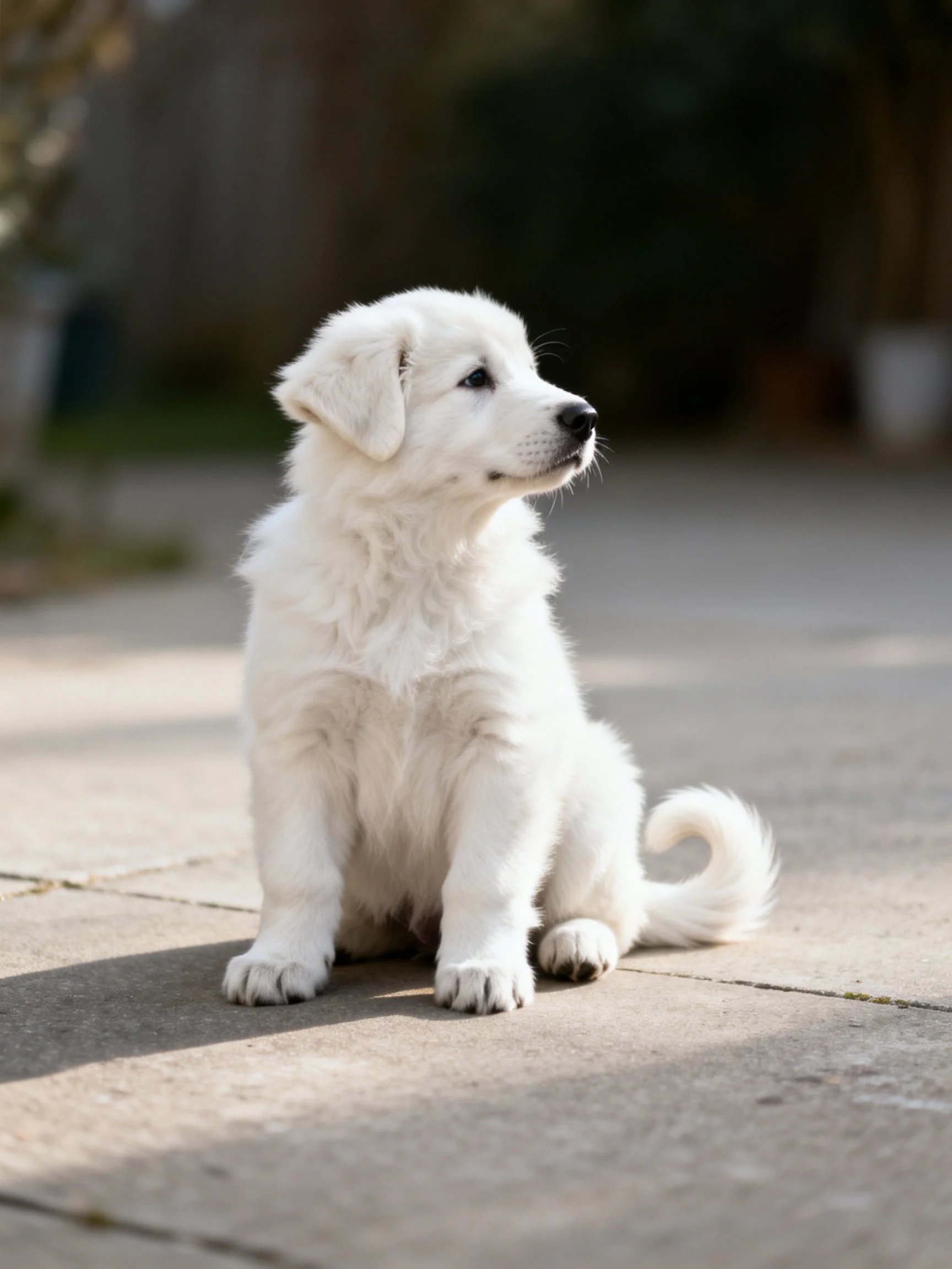A fluffy white puppy sits attentively on sunlit pavement.