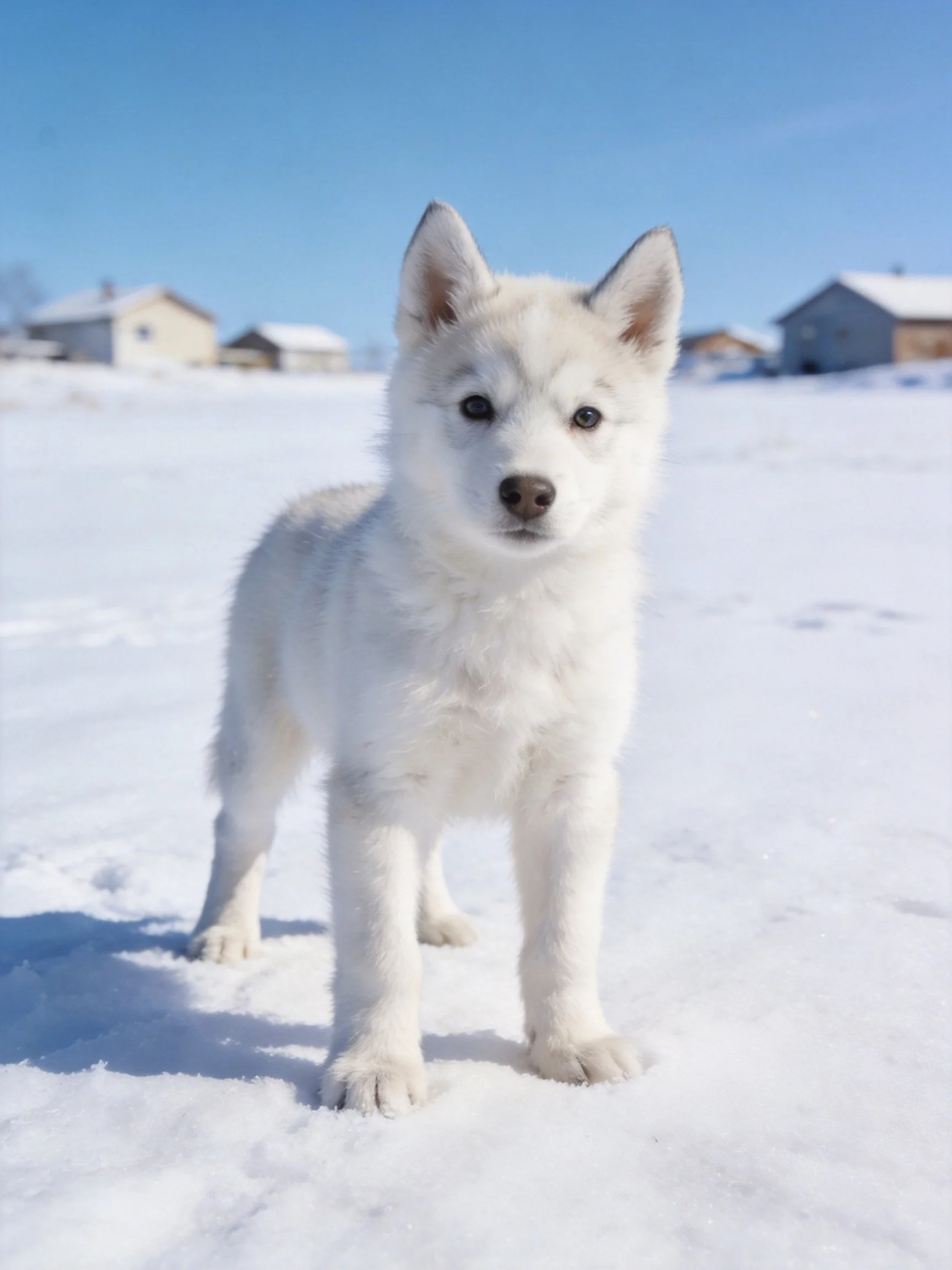 White puppy stands on snow near houses under clear sky