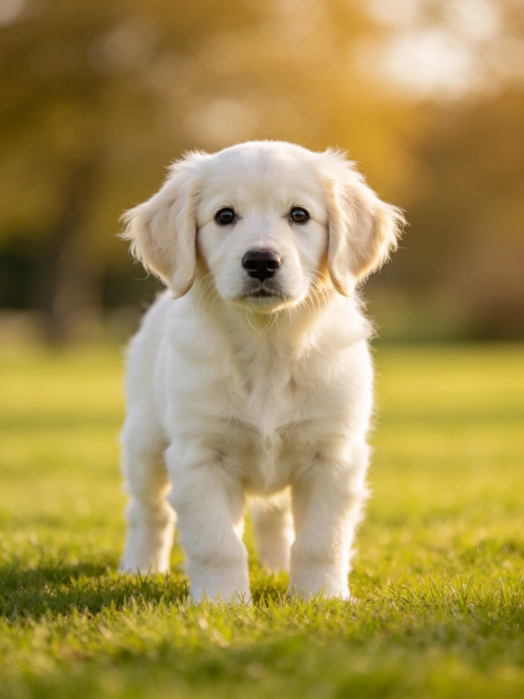 Fluffy white puppy stands on green grass outdoors.