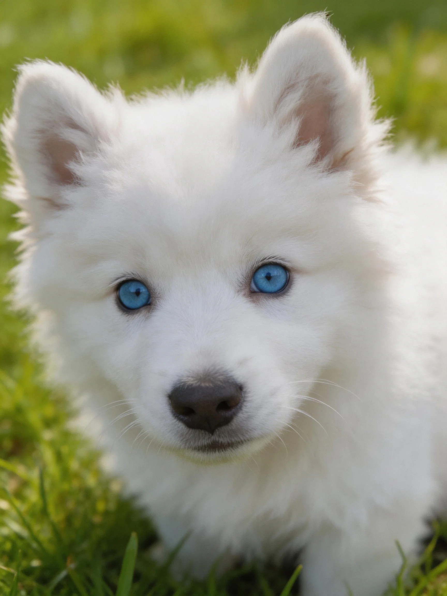 A fluffy white puppy with striking blue eyes rests on lush green grass.