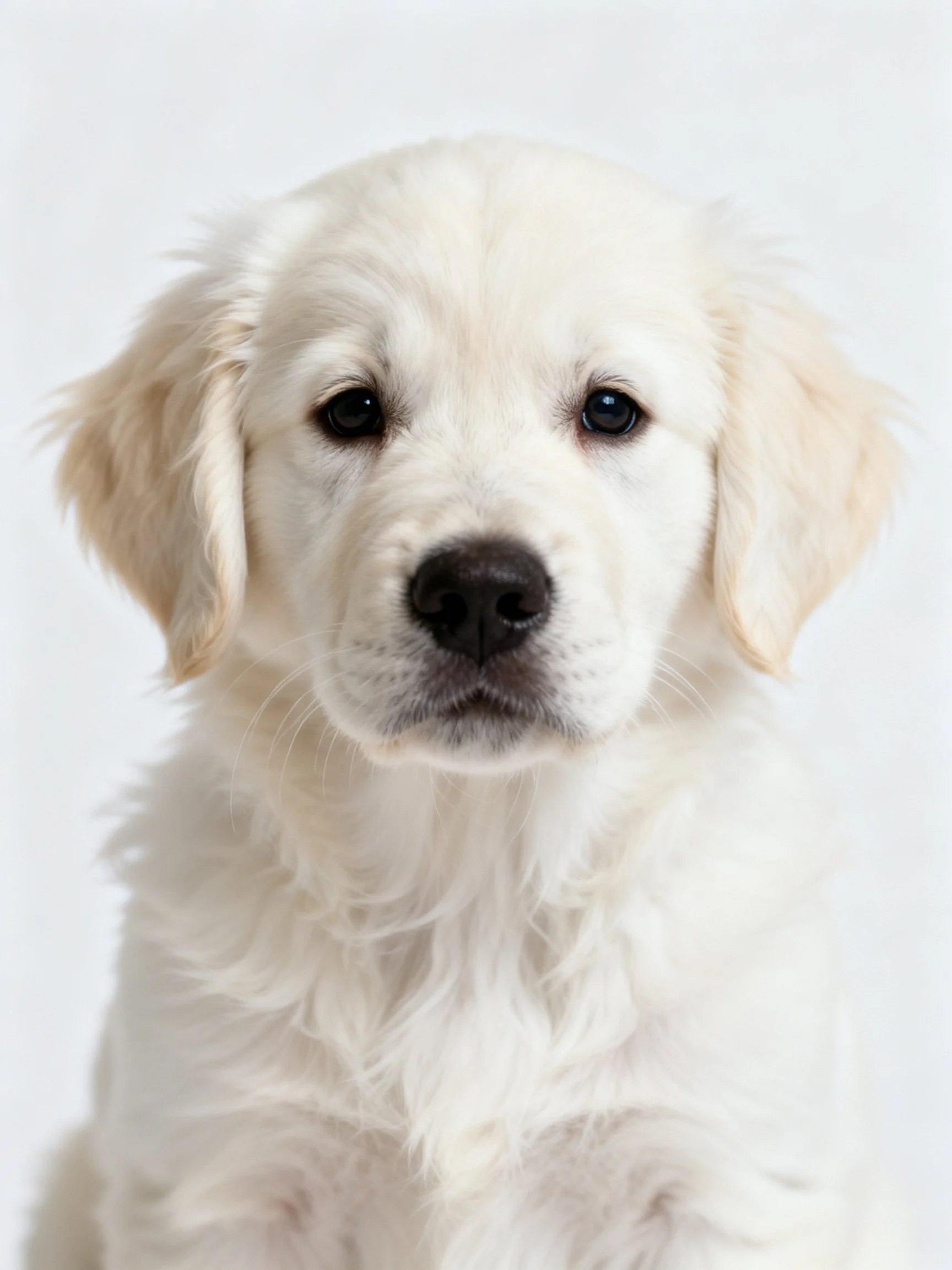 A fluffy white puppy with golden ears is centered against a plain white background.