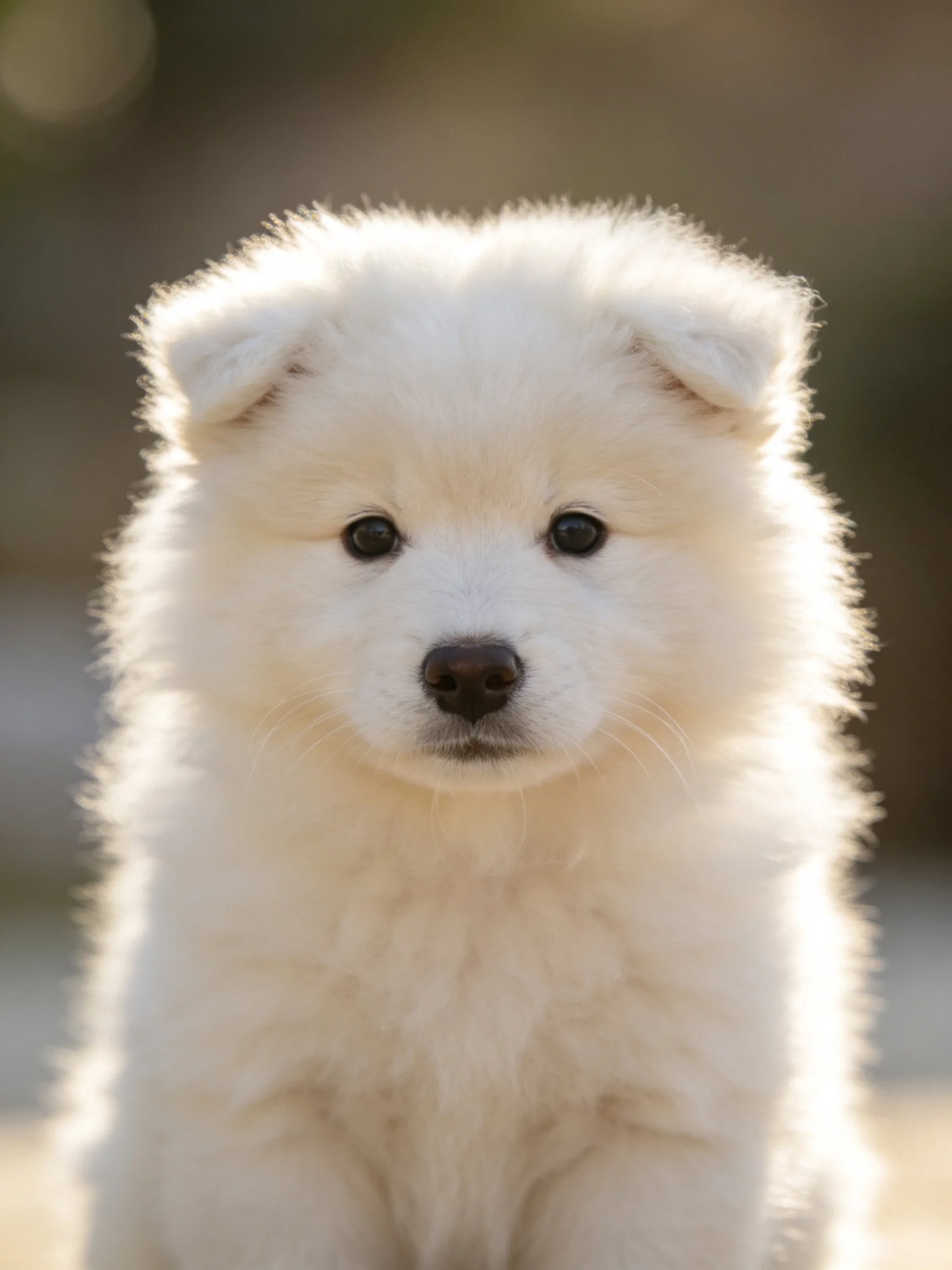 A fluffy white puppy gazes calmly at the camera with soft fur.