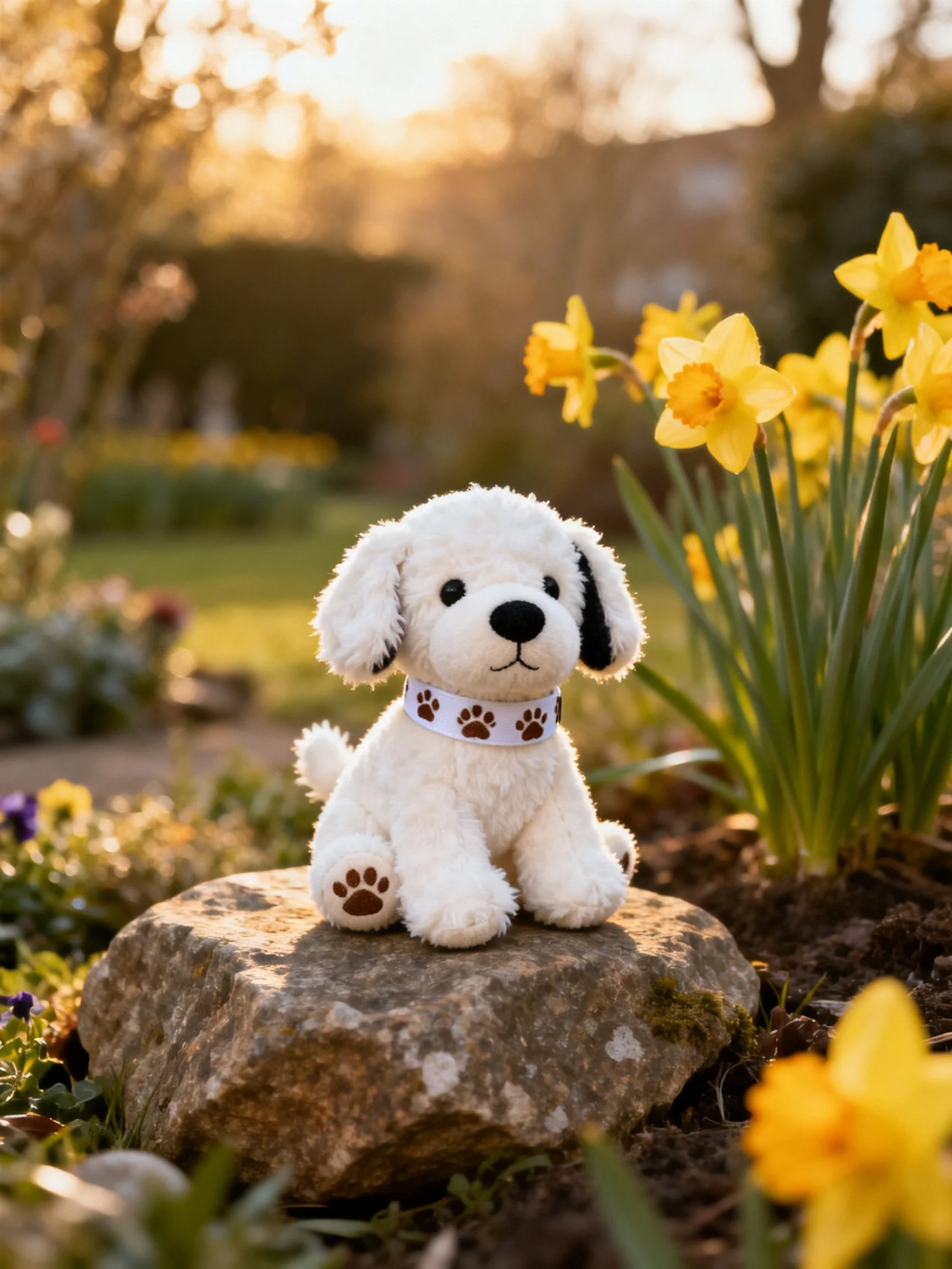 A plush white dog toy sits on a rock among yellow flowers in a sunlit garden.