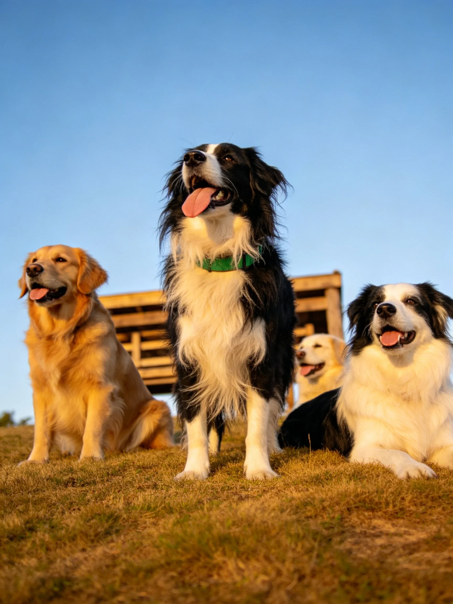 Four diverse dogs sitting on grass near wooden structure under clear blue sky