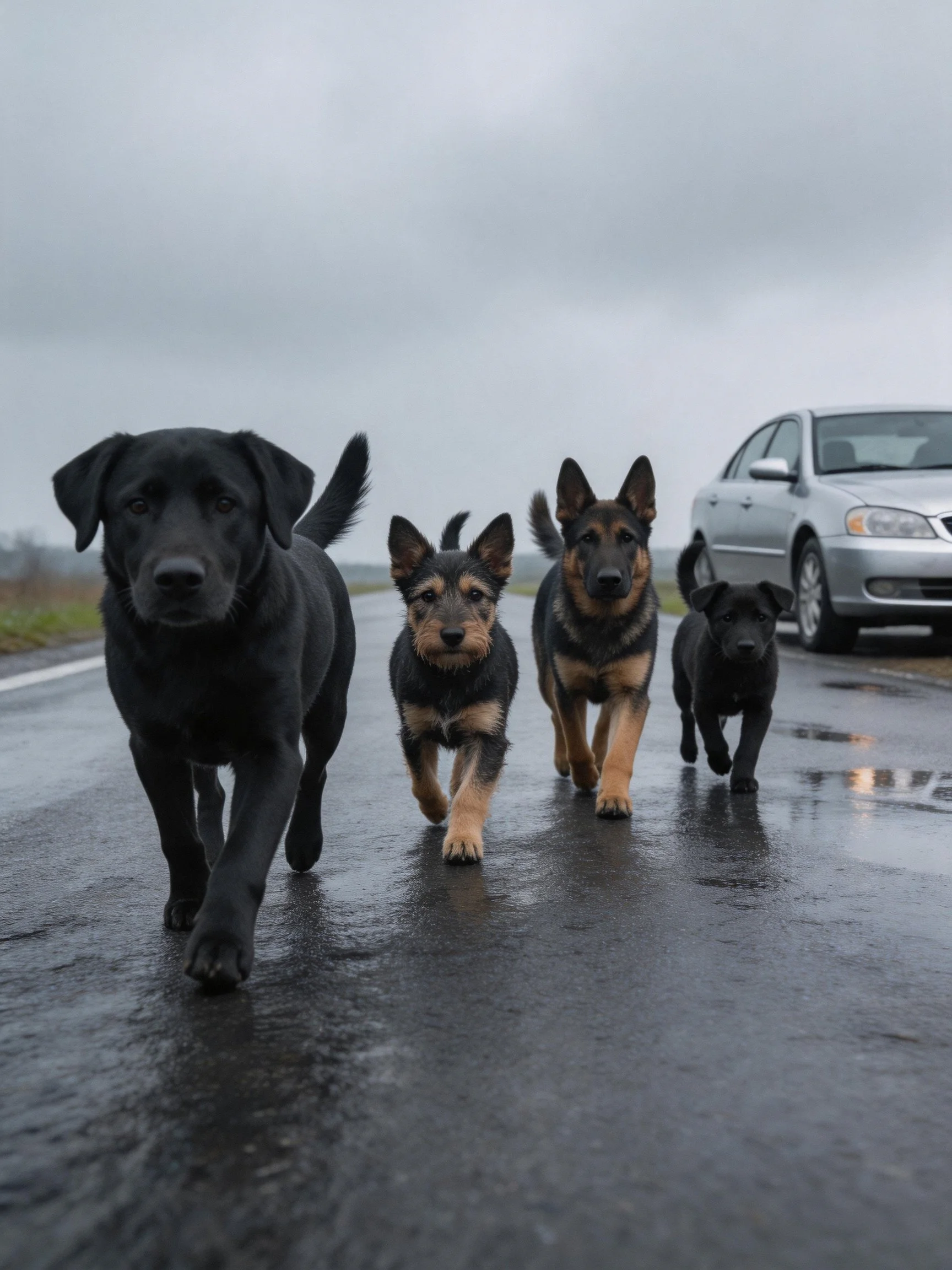 Four dogs of different breeds run together on a damp road beside a silver car.