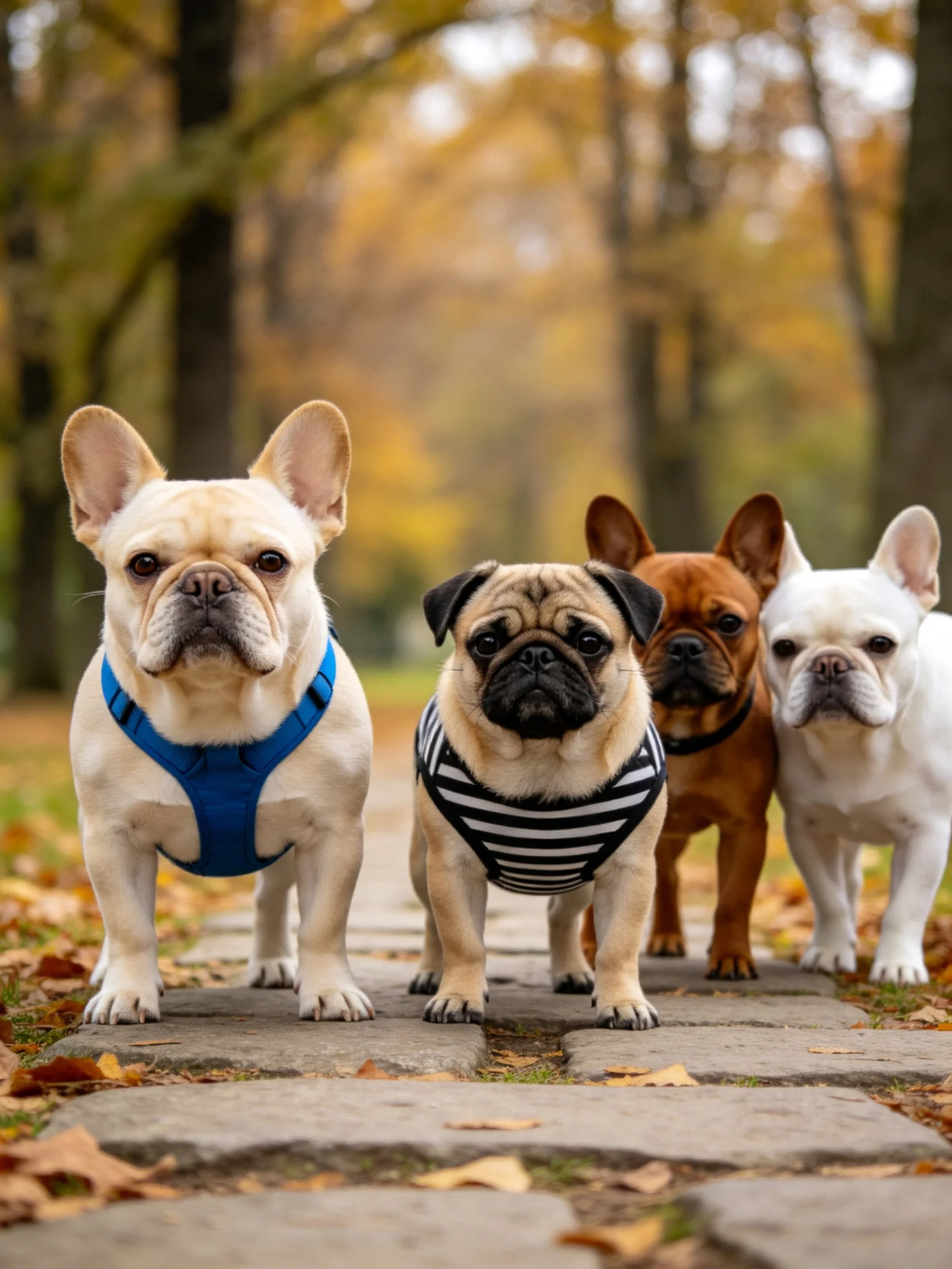 Four small dogs stand together on a stone path surrounded by autumn scenery
