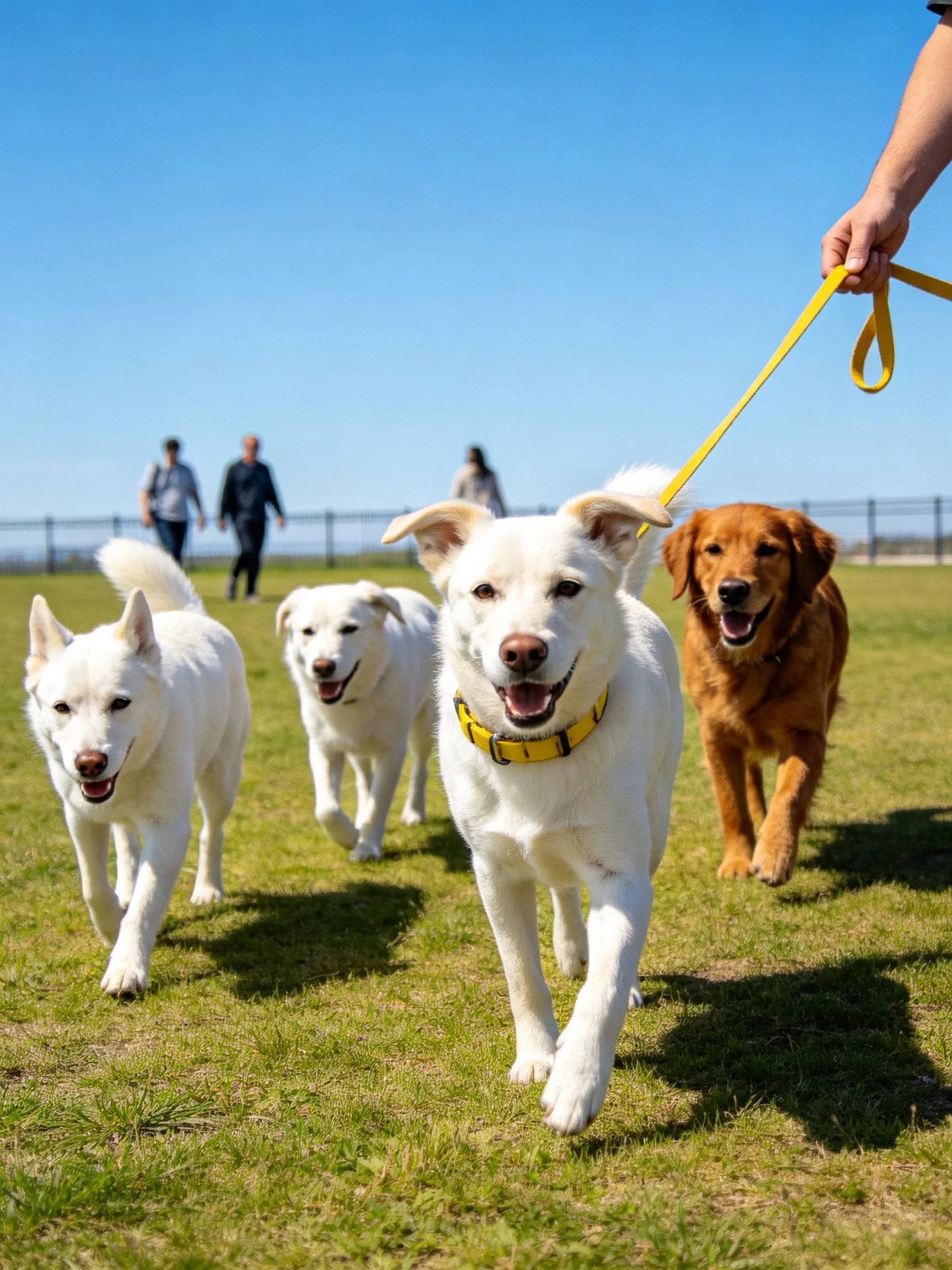 Four dogs of different breeds walk together on a sunny grassy field