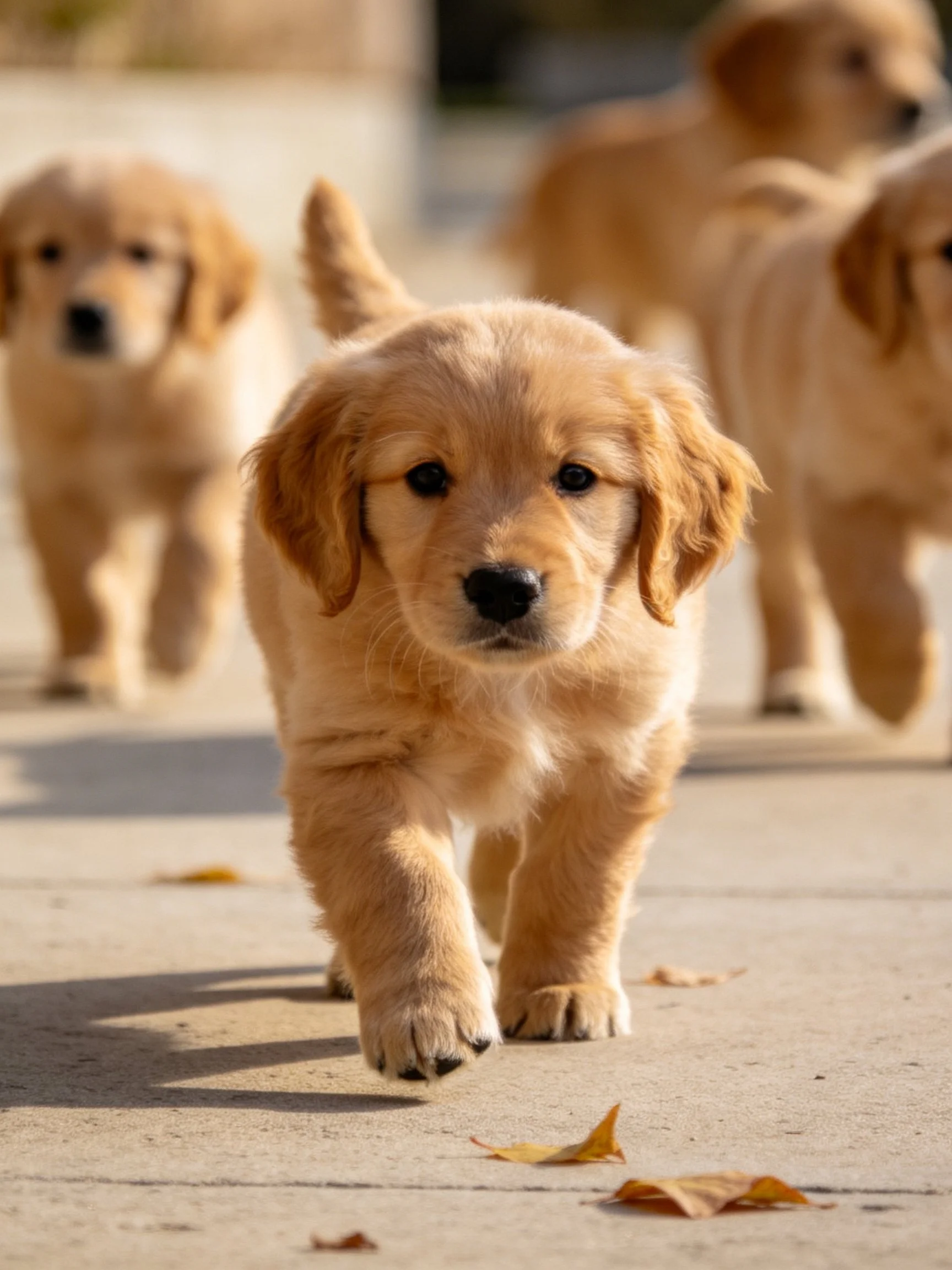 Golden retriever puppies walk together along a sunlit outdoor path