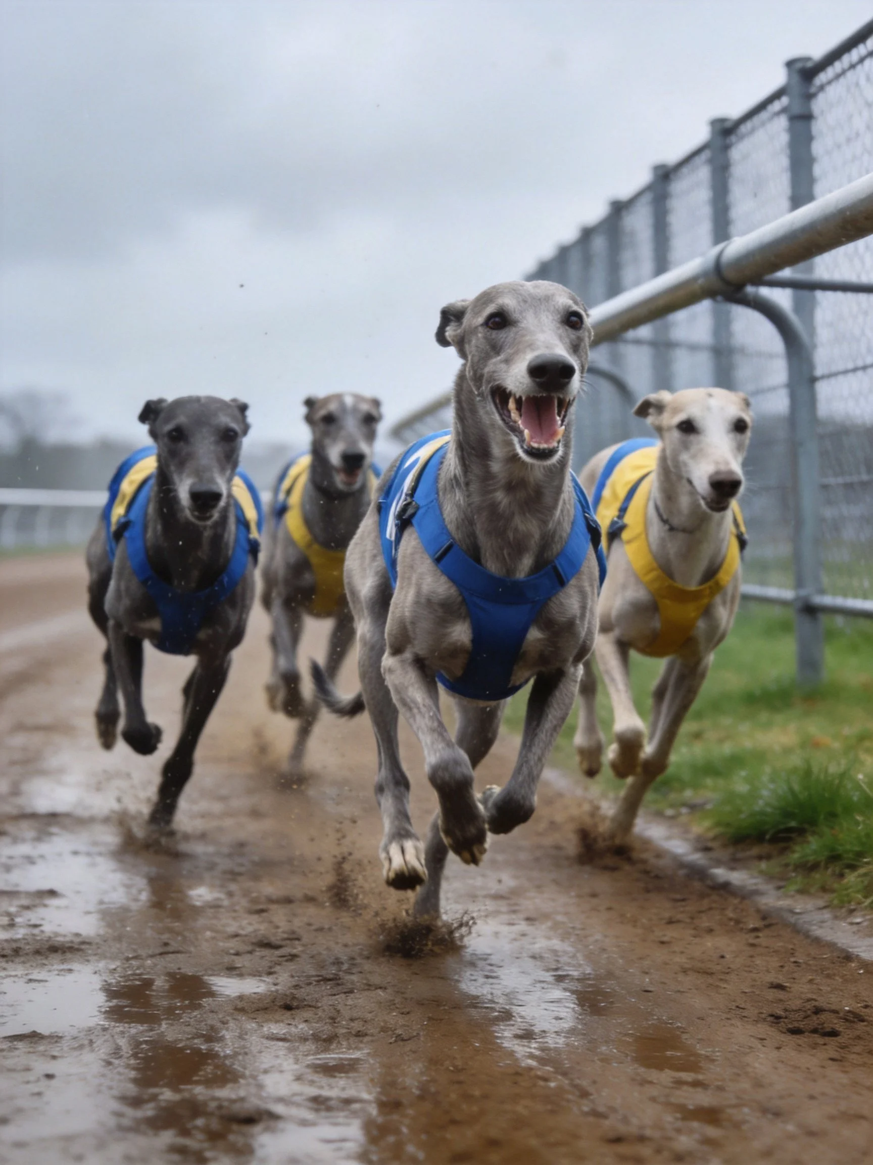 Four greyhounds race on a wet dirt track wearing blue and yellow vests