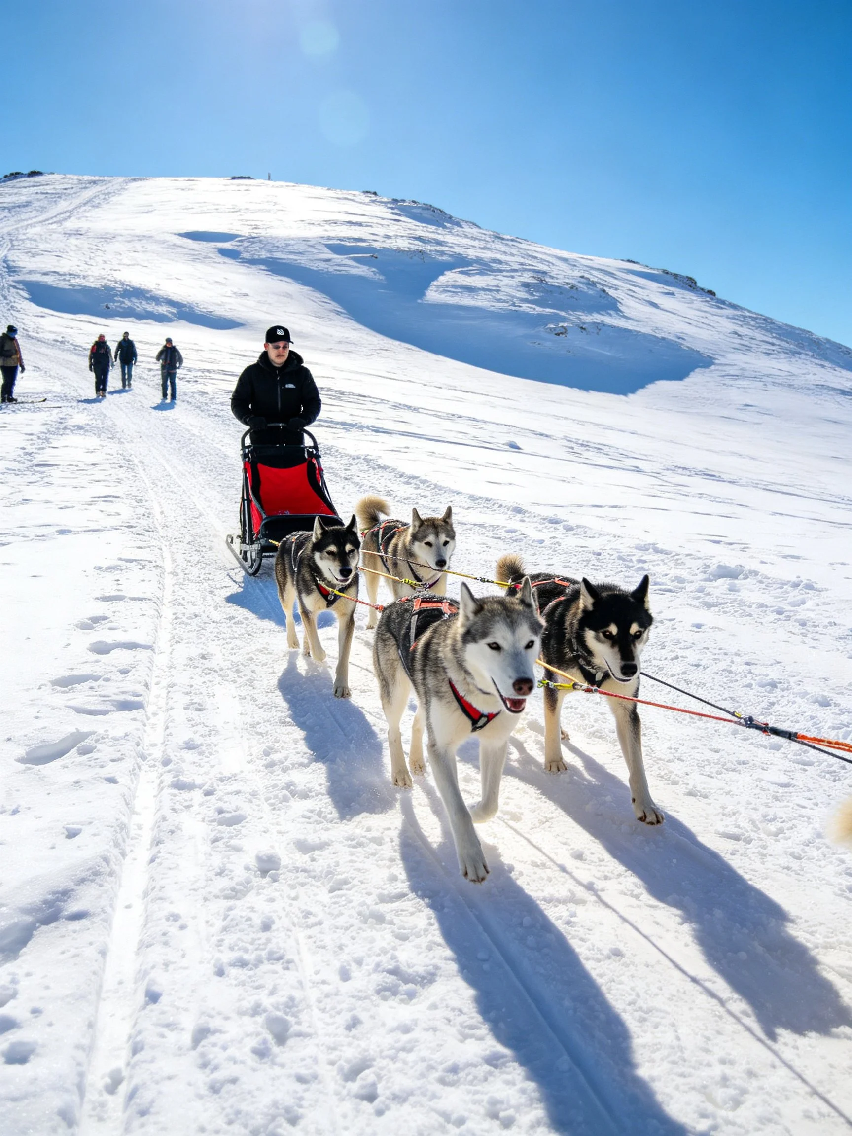 Four huskies pull sled on snow - covered mountain slope
