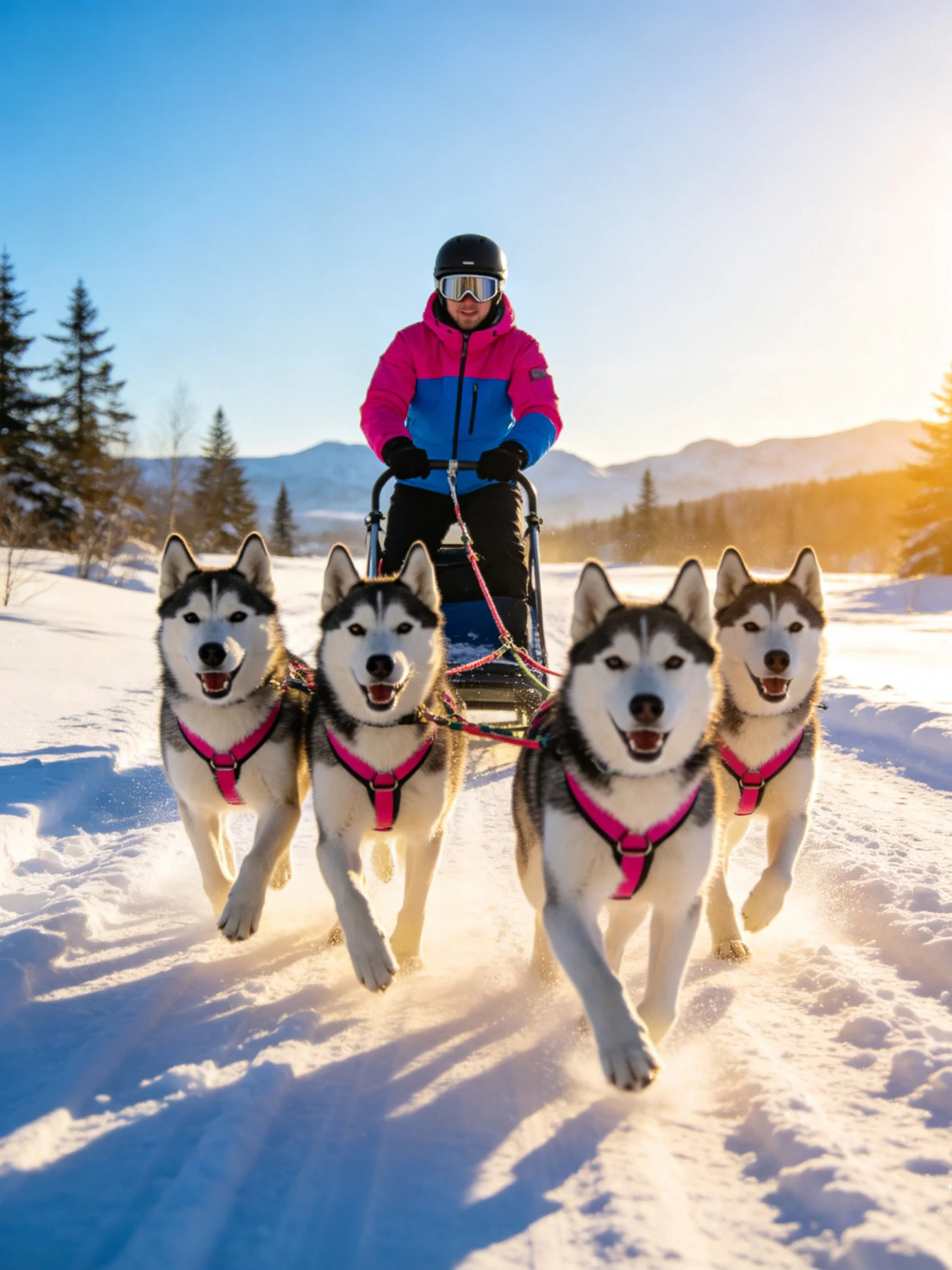Person rides sled pulled by four huskies in snowy landscape