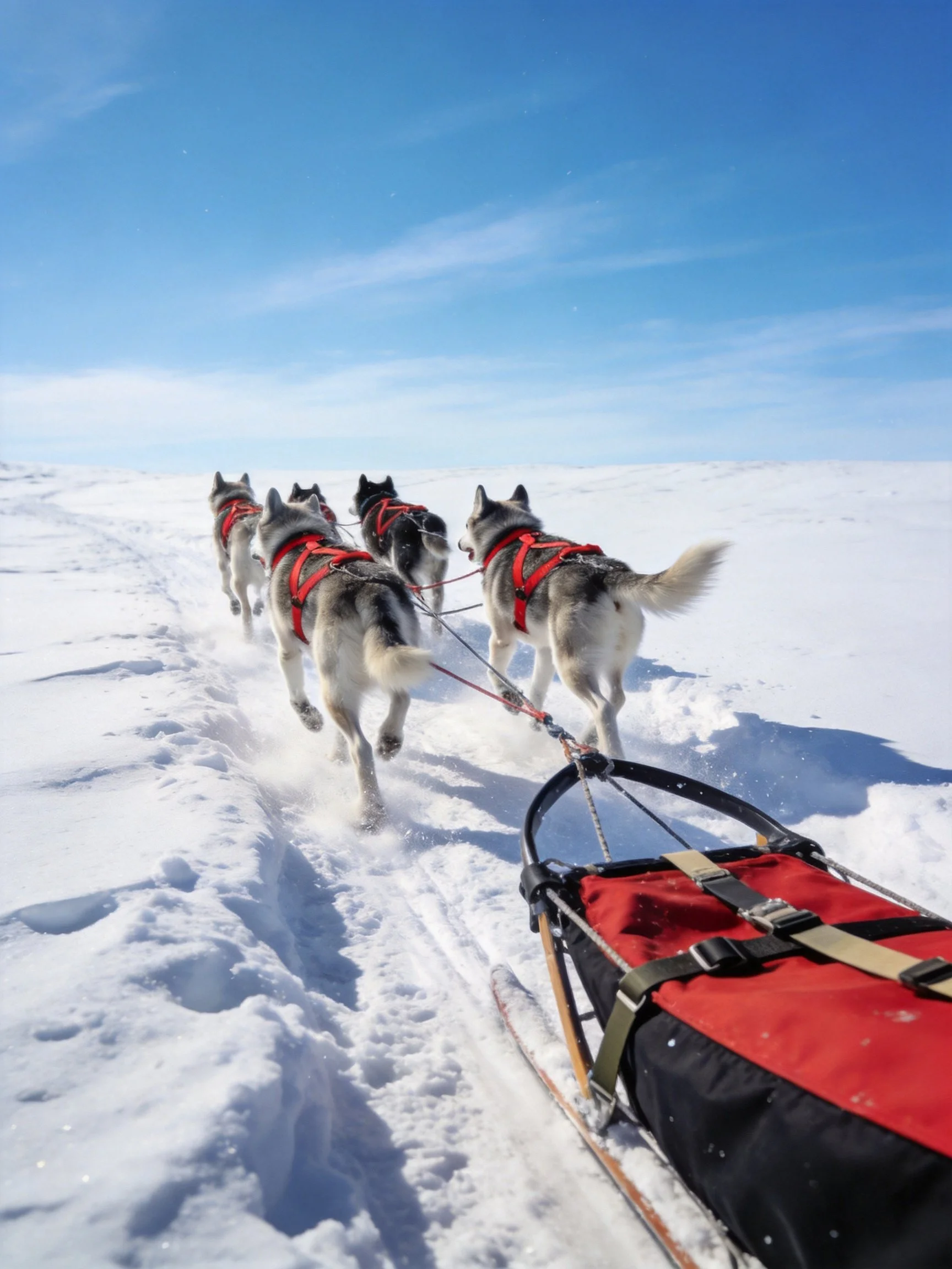 Four husky sled dogs pull a sled through a snowy landscape.