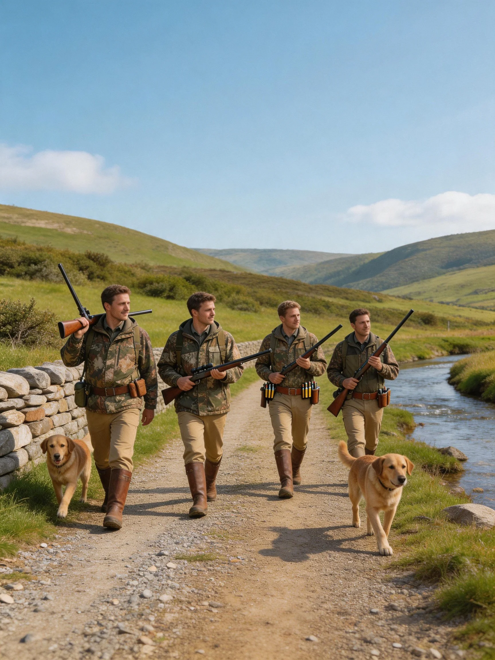 Four men in hunting gear walk a country path with golden retrievers beside a stream.