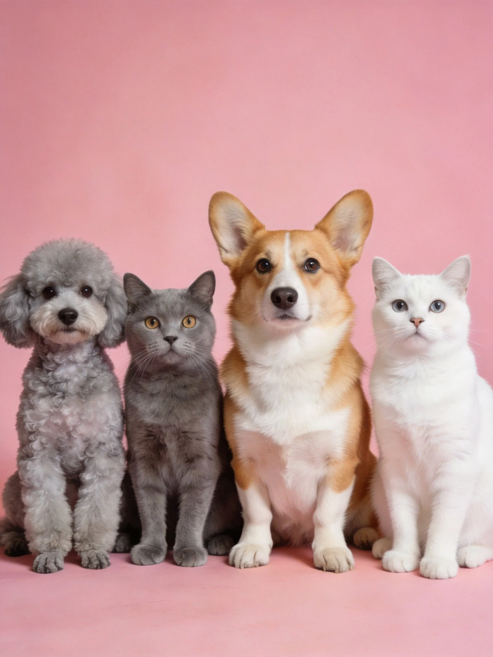 Four pets of different species and colors on a pink background