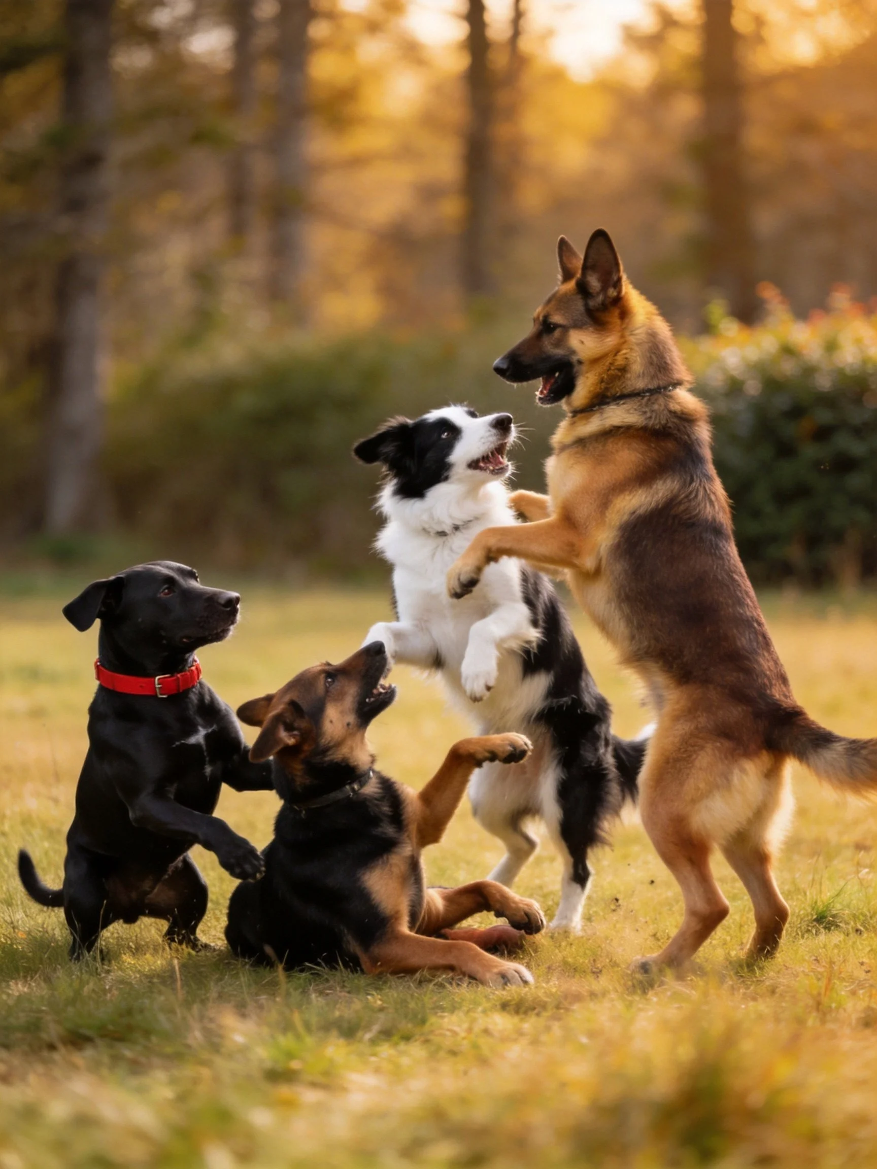Four playful dogs of diverse breeds interact in a sunlit grassy area