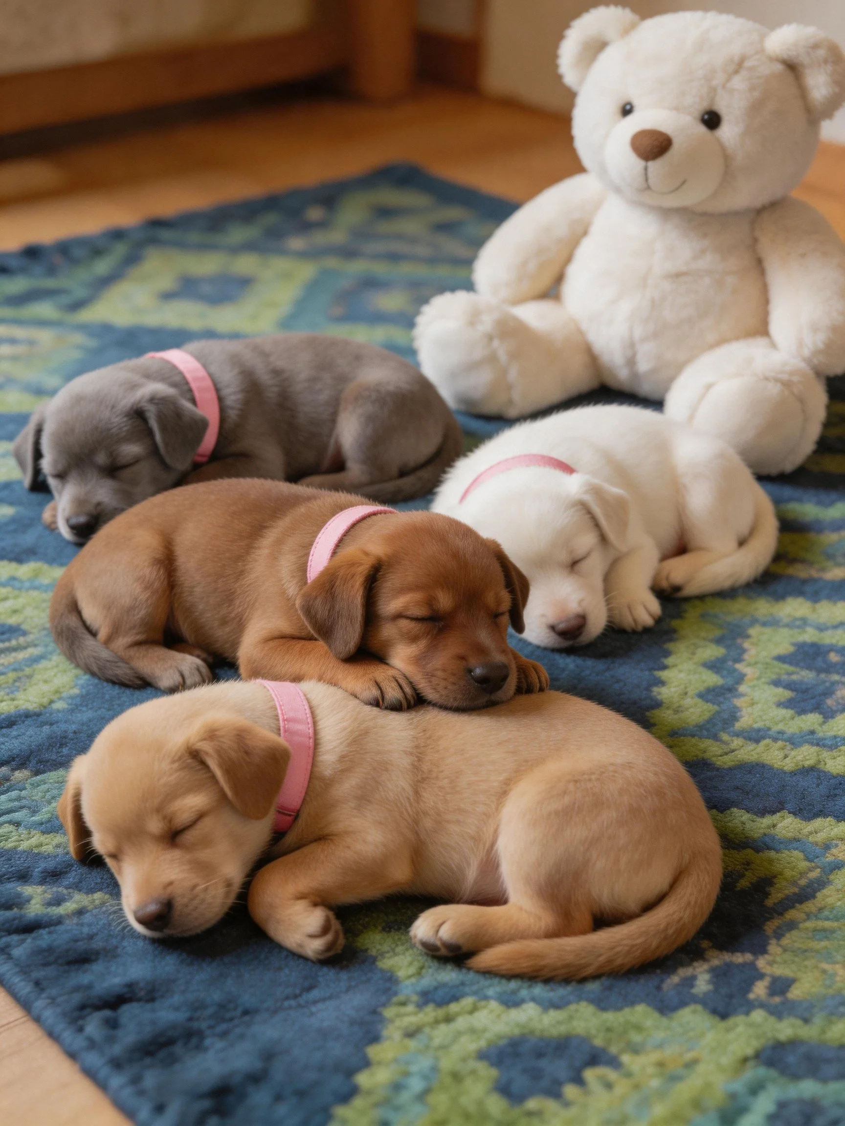 Four puppies sleep on a patterned rug next to a large white teddy bear.