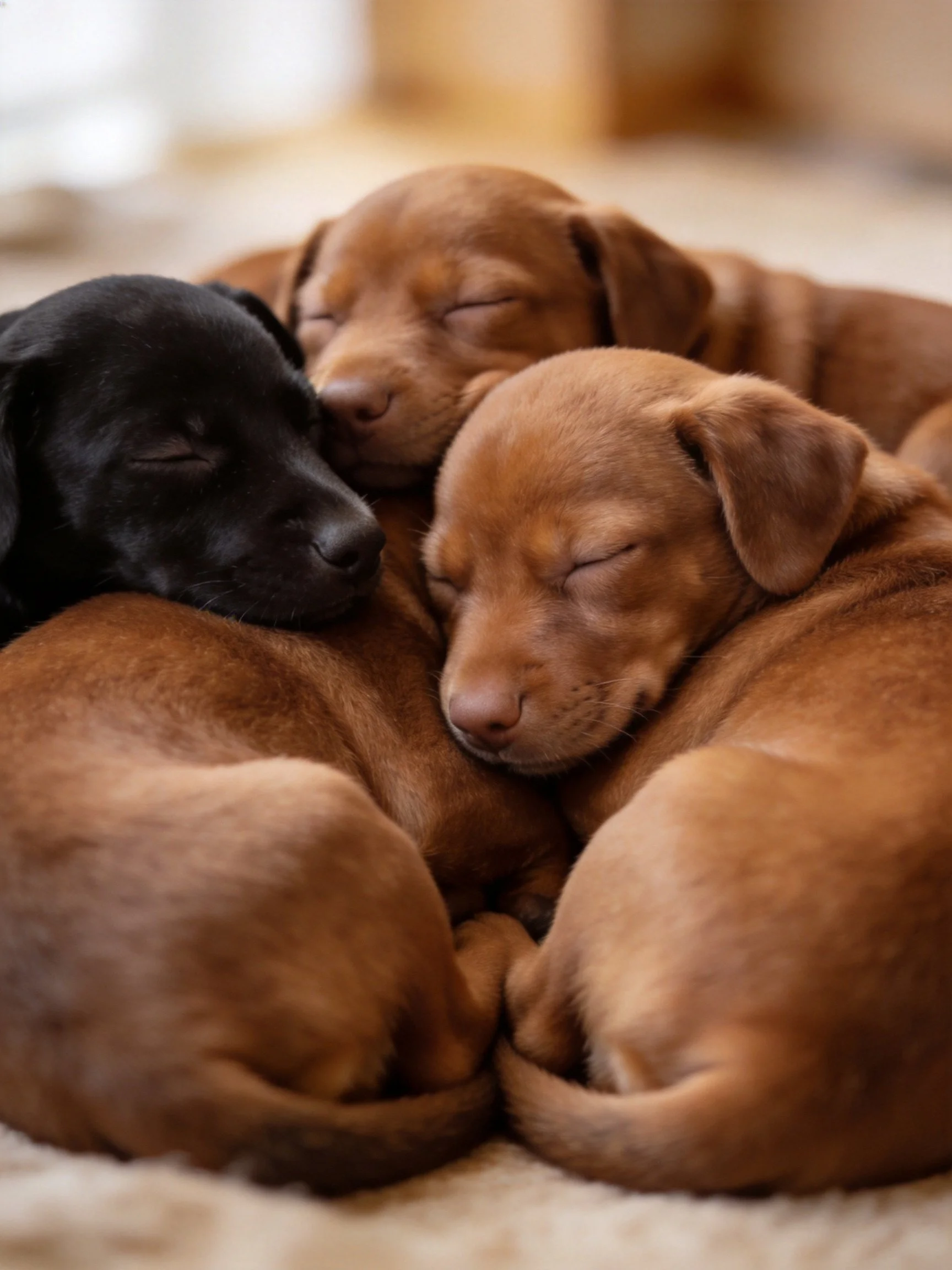 Four puppies rest closely in a cozy setting