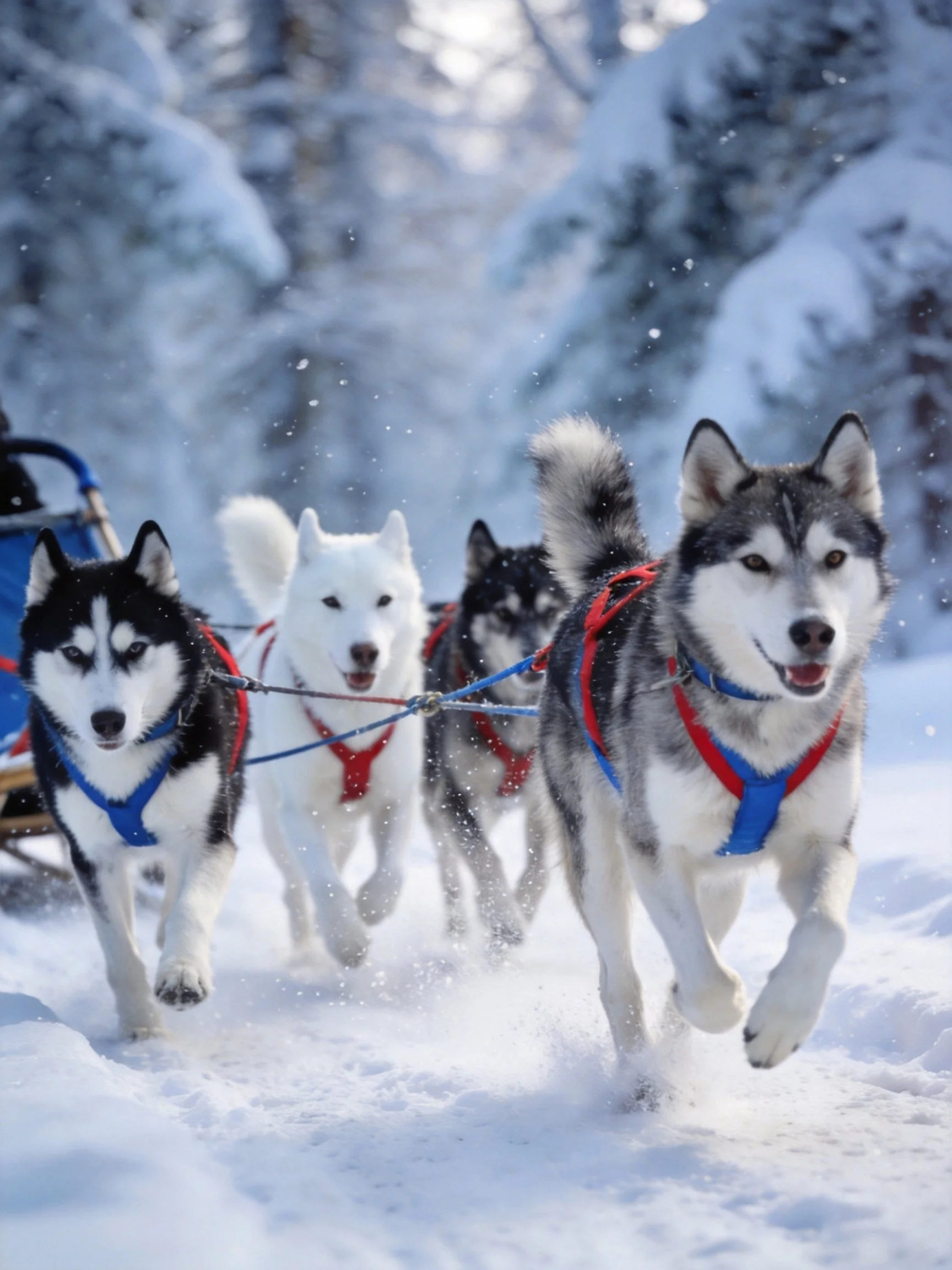 Four sled dogs with red/blue harnesses racing through snow -