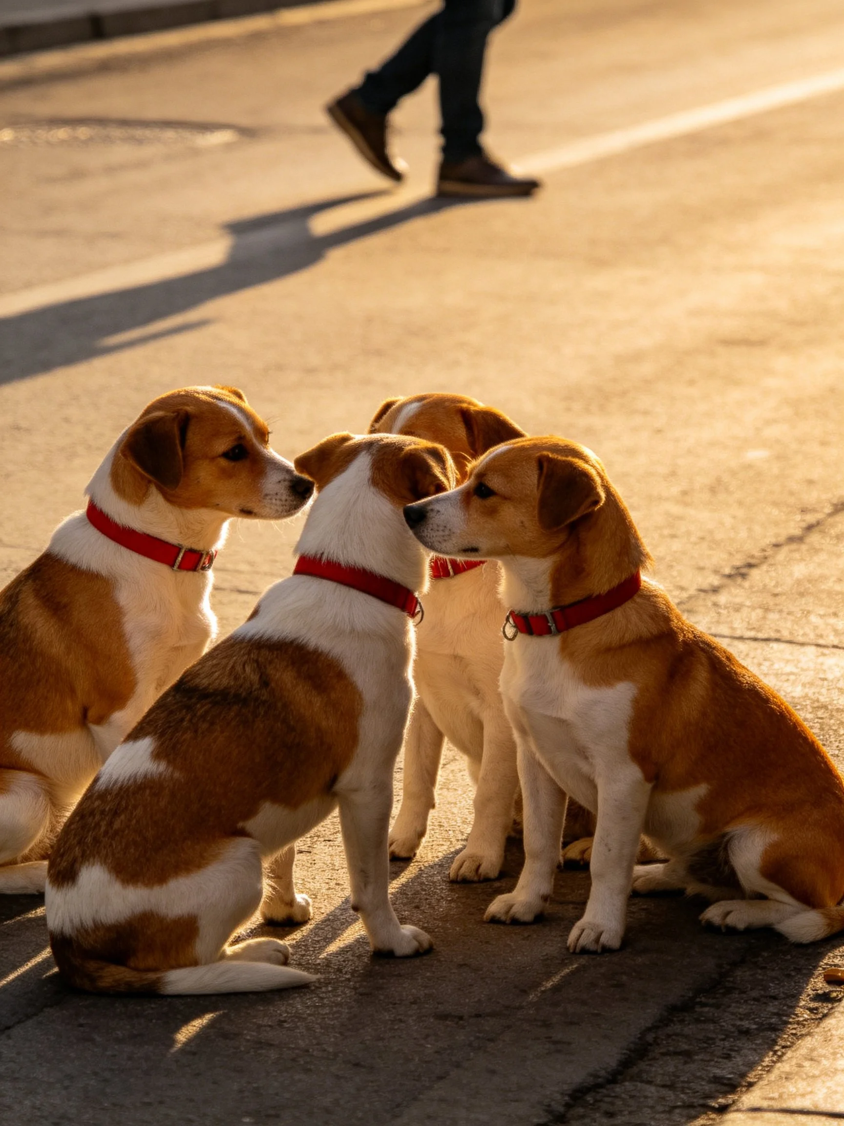 Four small dogs with red collars sit together on a sunlit street as a pedestrian passes