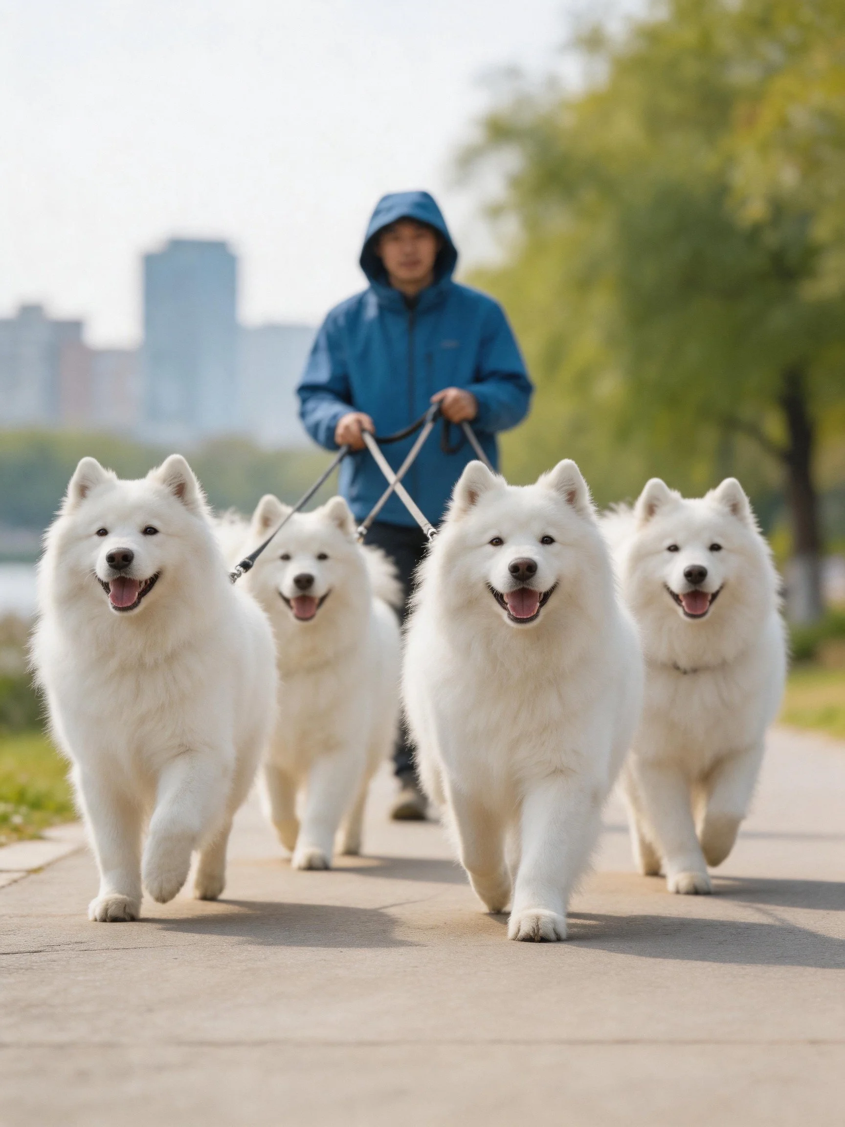 A person walks four happy white Samoyed dogs on leashes along a path.