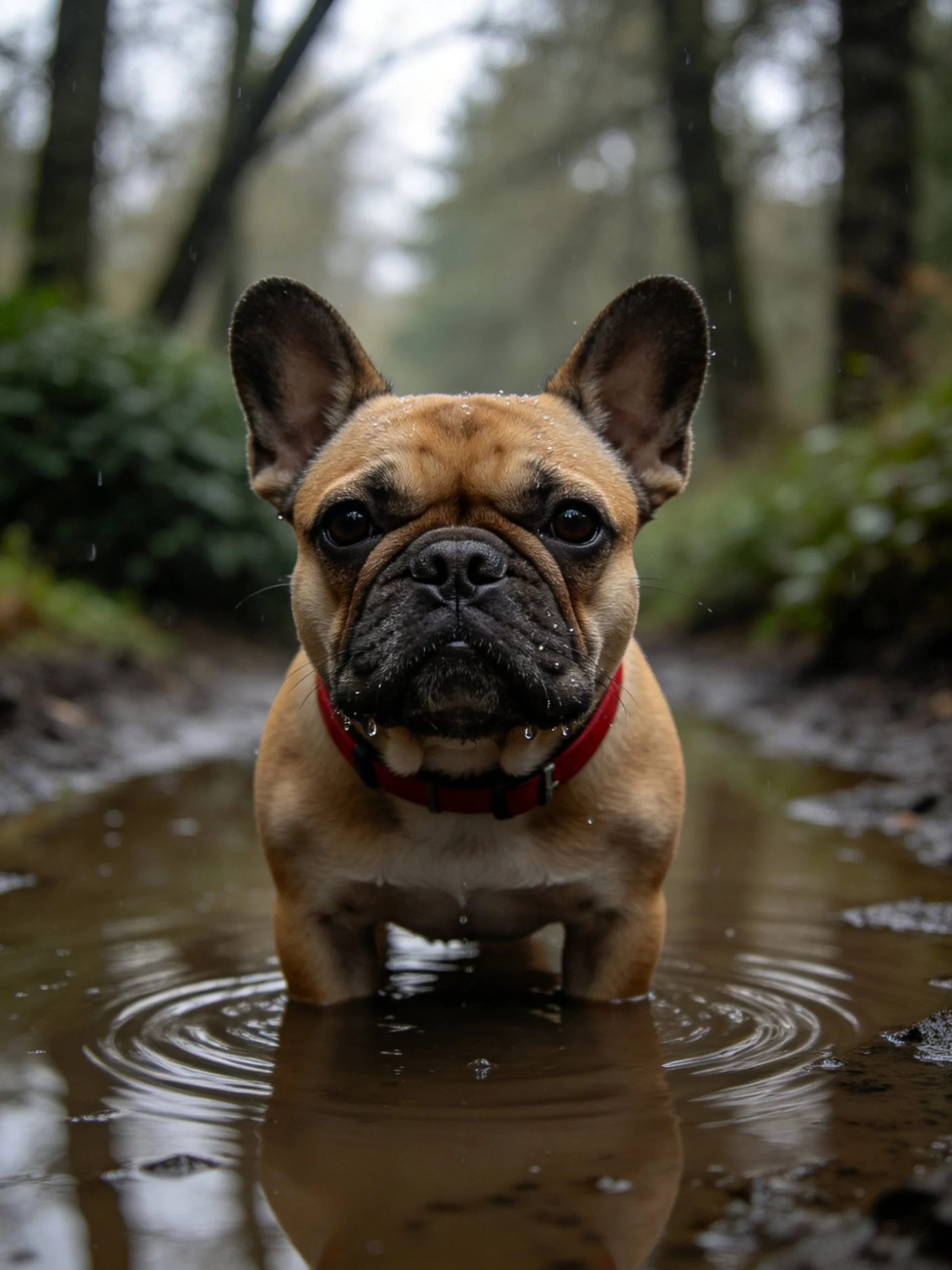 French bulldog stands in muddy puddle with red collar