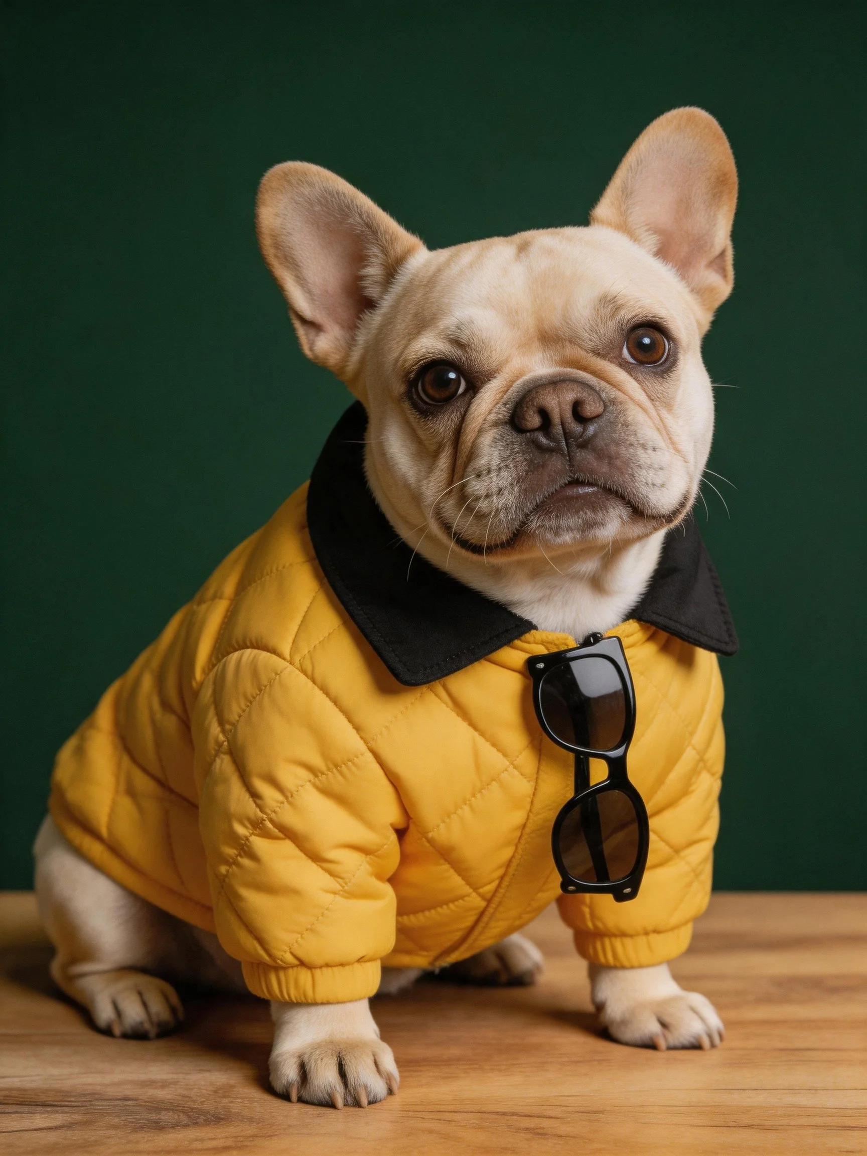 A French bulldog sits stylishly in a yellow coat with sunglasses.
