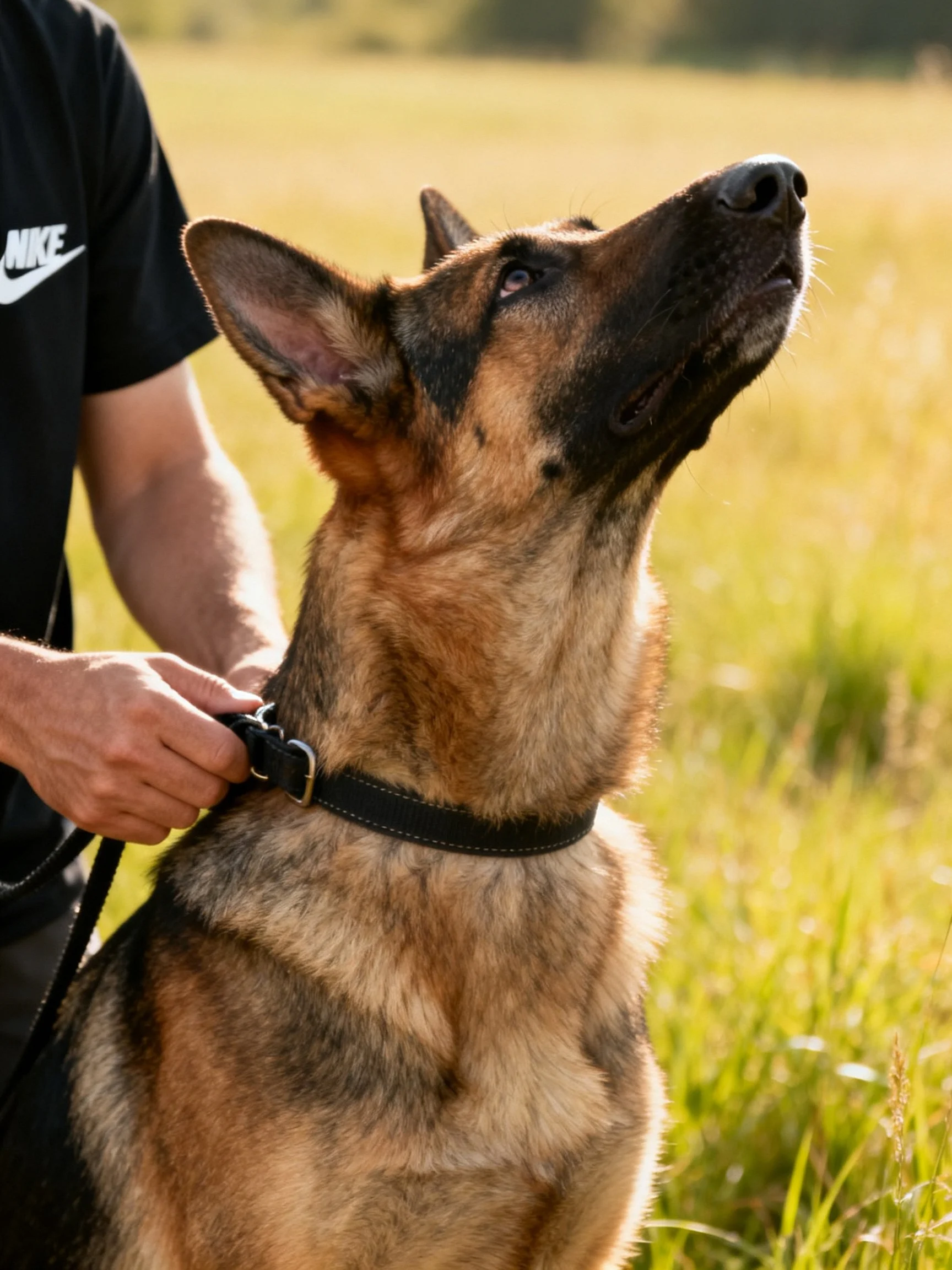 A German Shepherd is adjusted for a collar by a handler in a bright outdoor area.