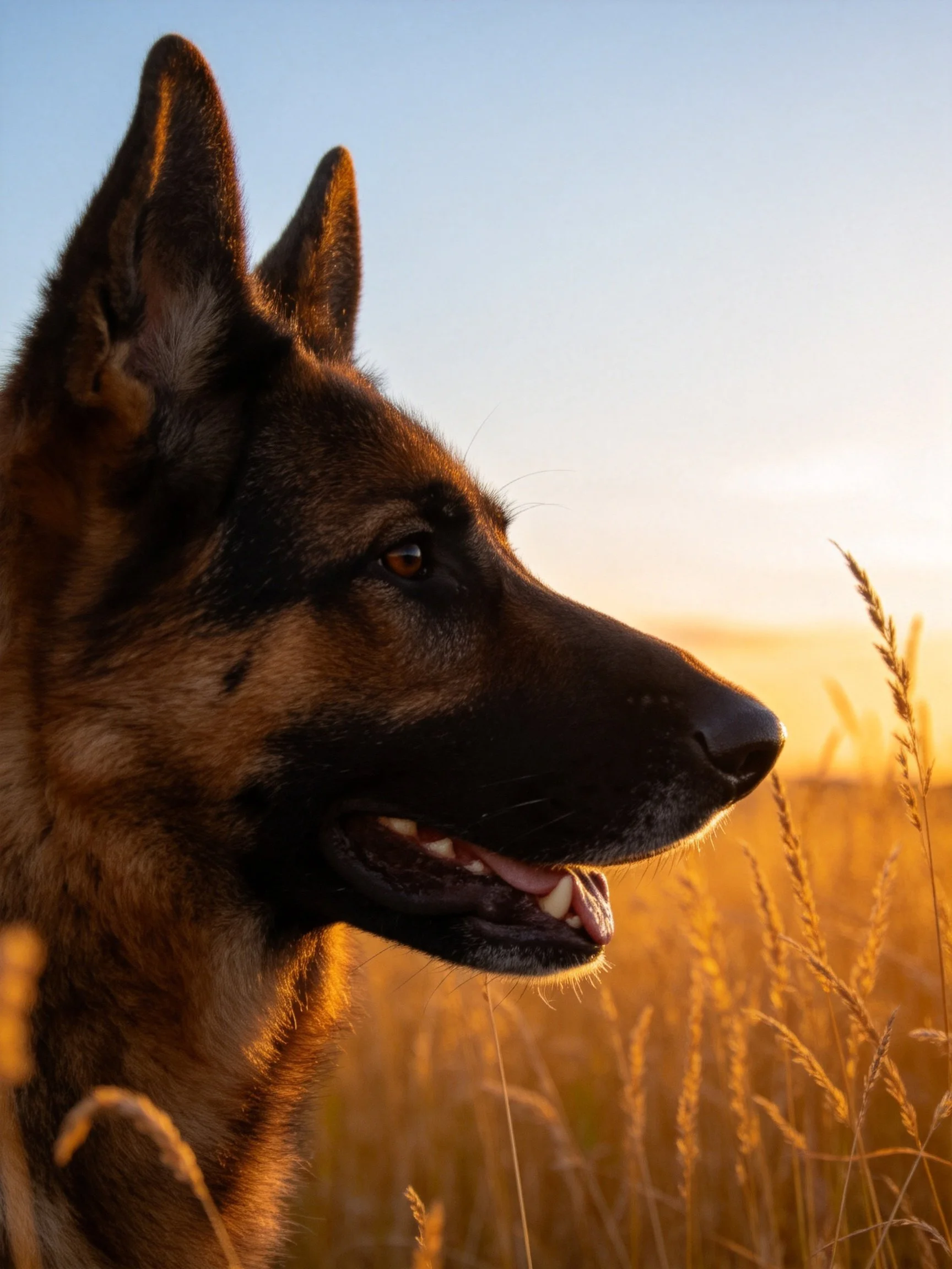 German Shepherd dog profiled in golden sunset grassland