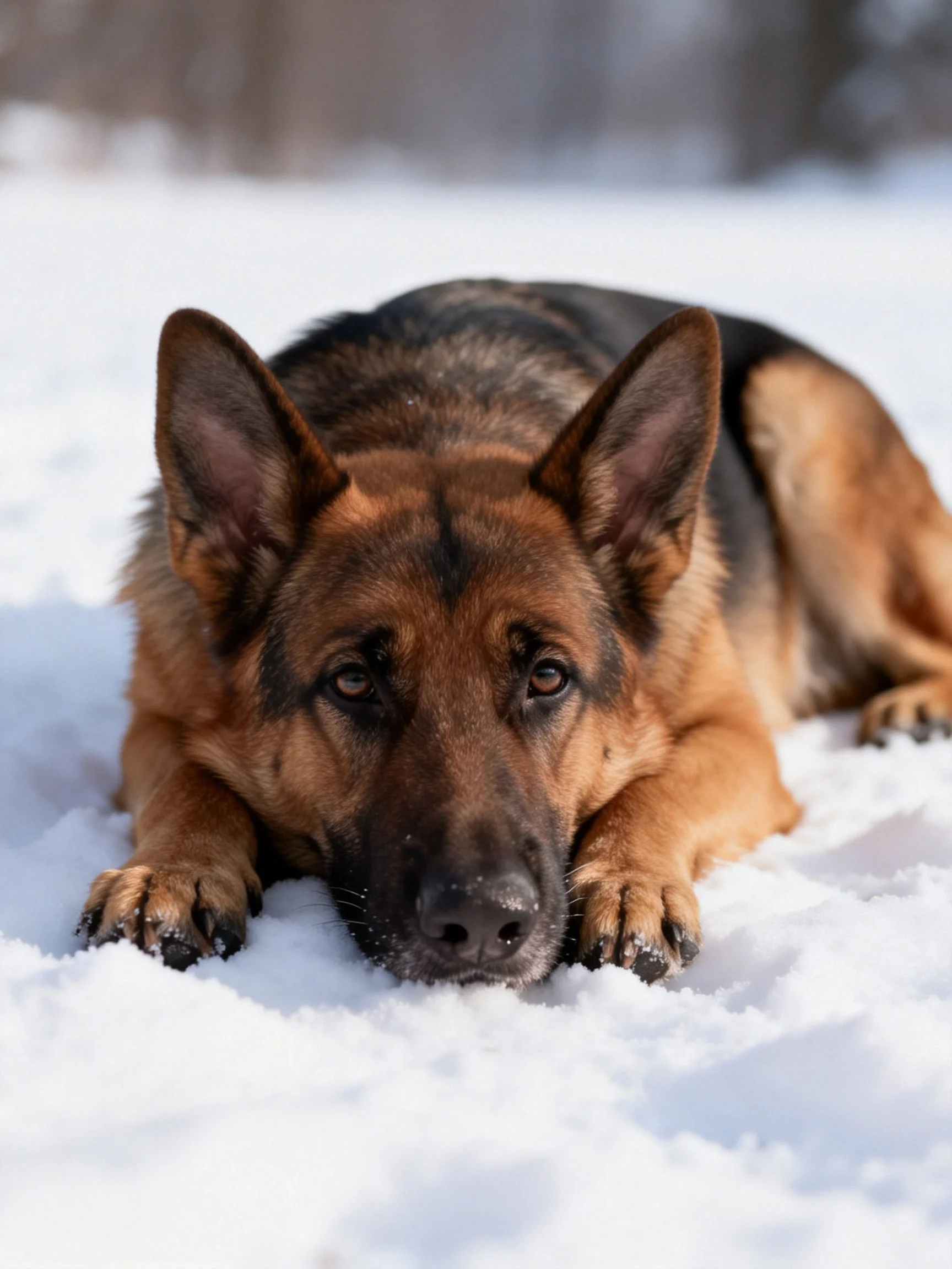 A German Shepherd dog relaxes on a snowy outdoor surface.