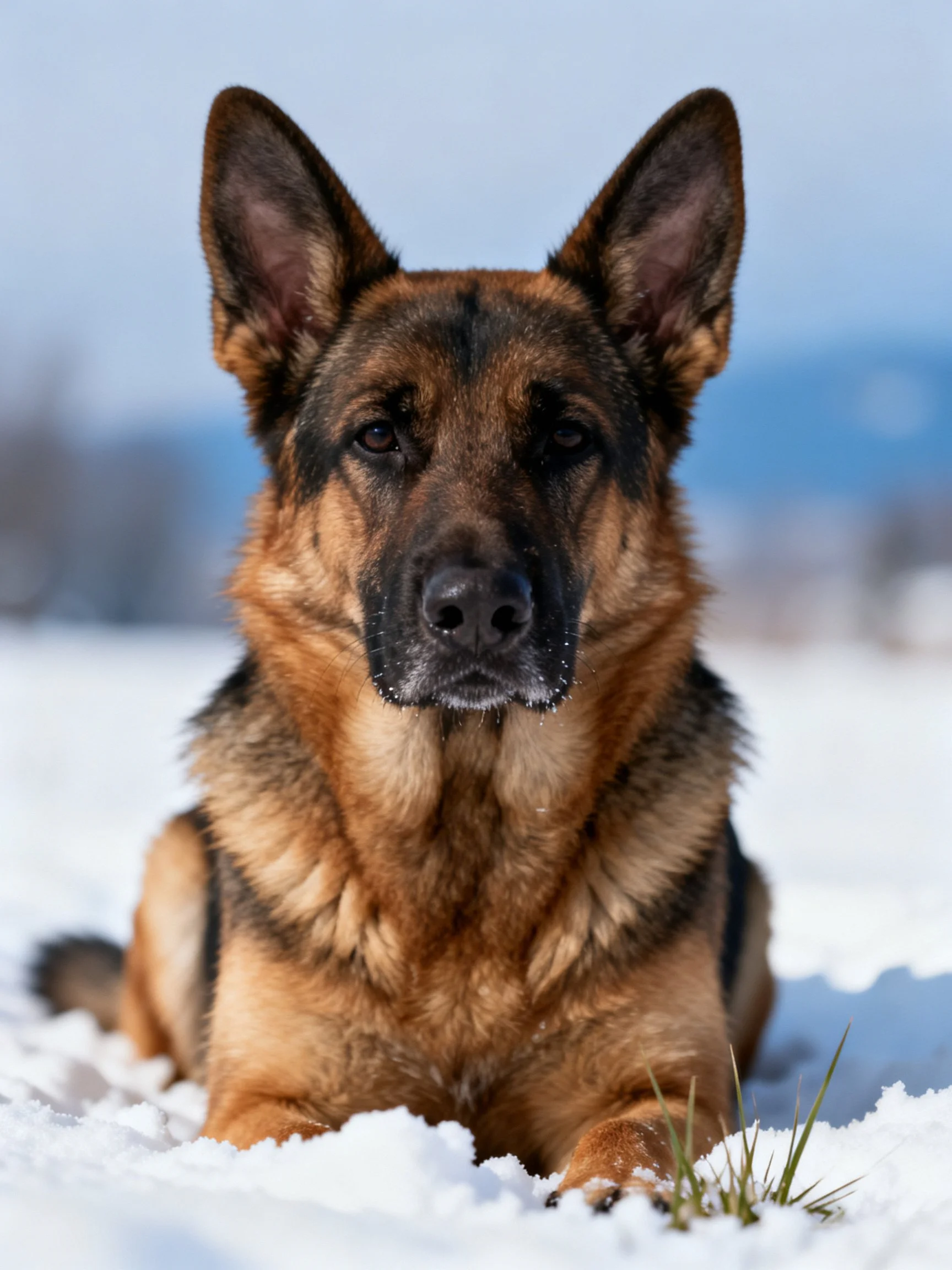 A German Shepherd sits calmly in a snowy outdoor setting.