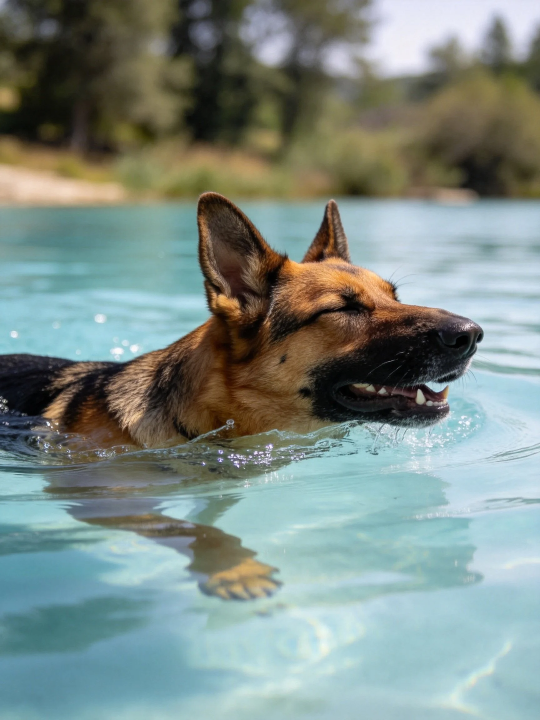 German Shepherd dog swimming in clear blue water near lush greenery