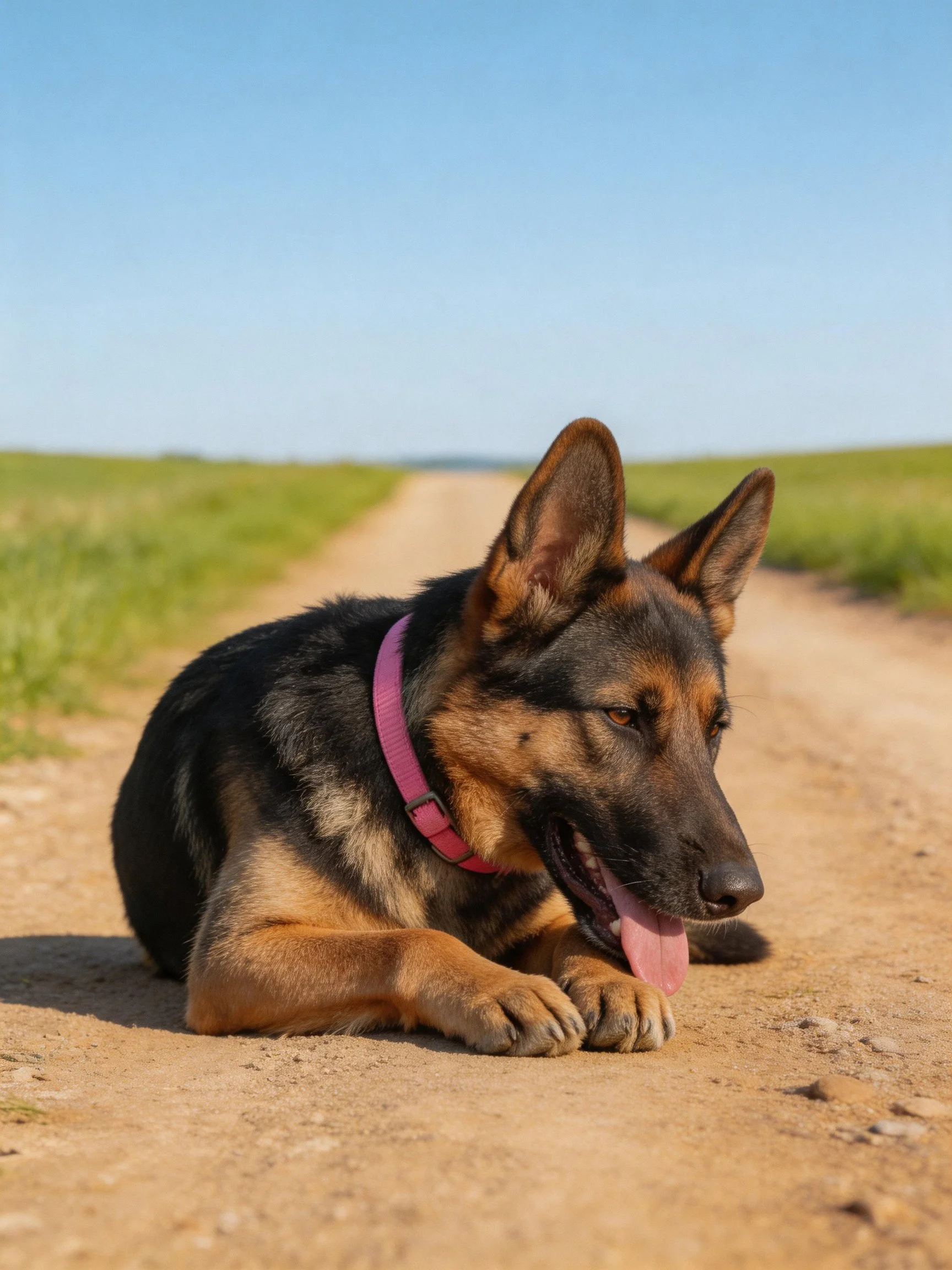 German Shepherd dog wearing pink collar rests on dirt road near green fields