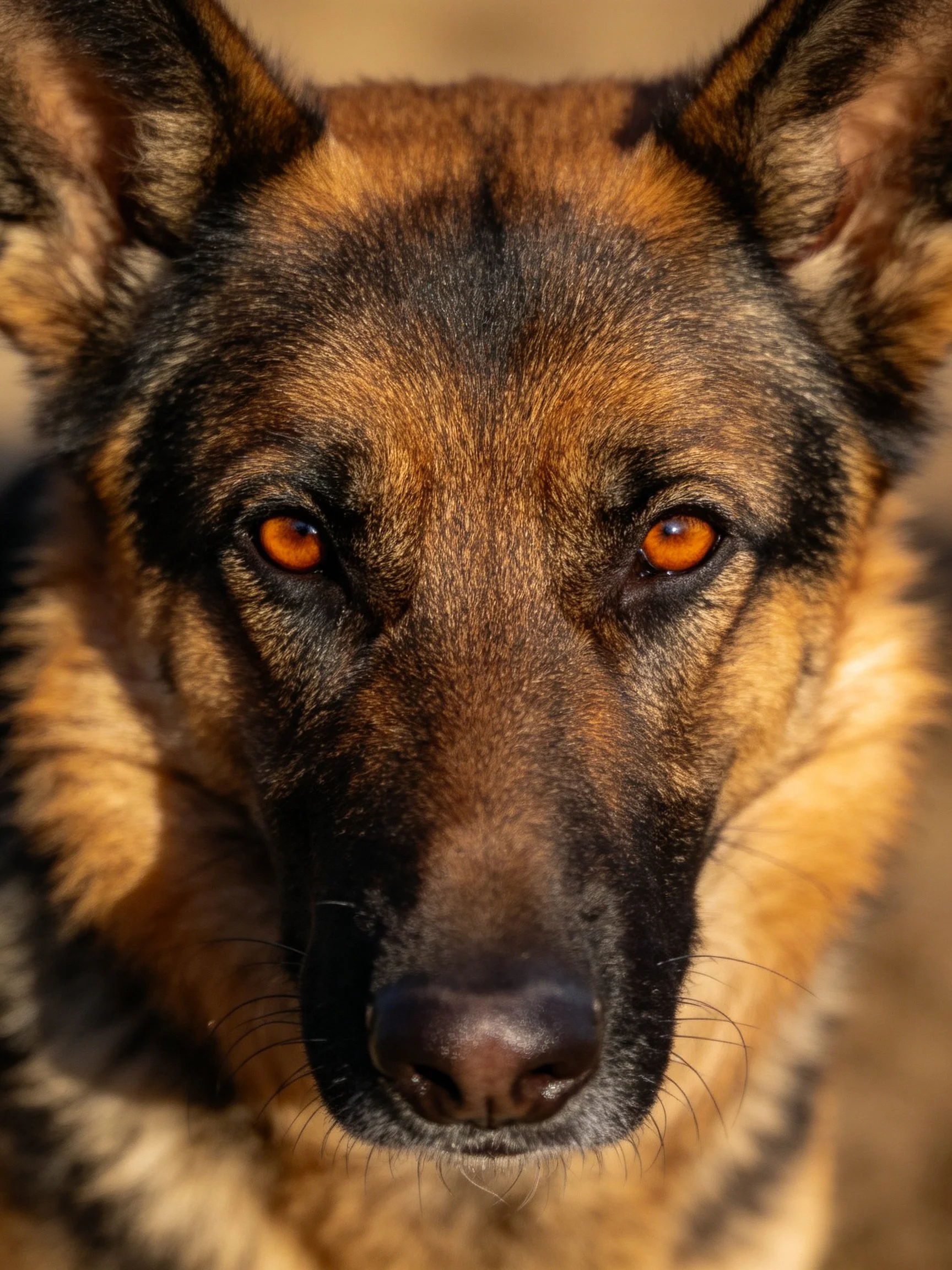 German Shepherd dog with amber eyes and dark brown fur