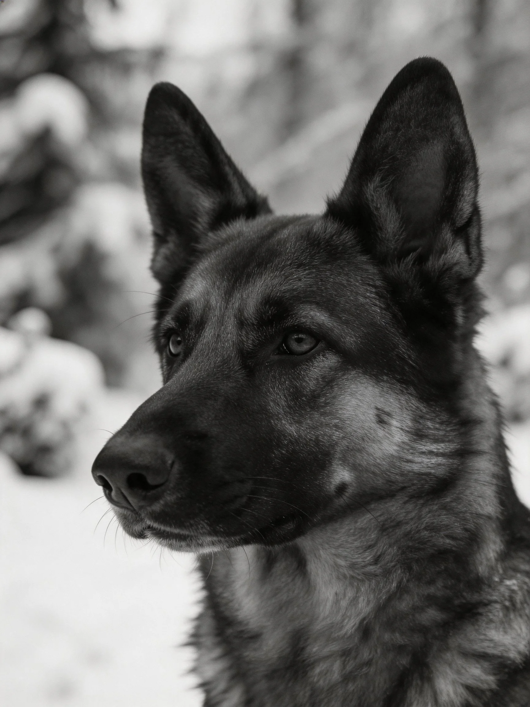 German Shepherd dog with upright ears in wintry landscape