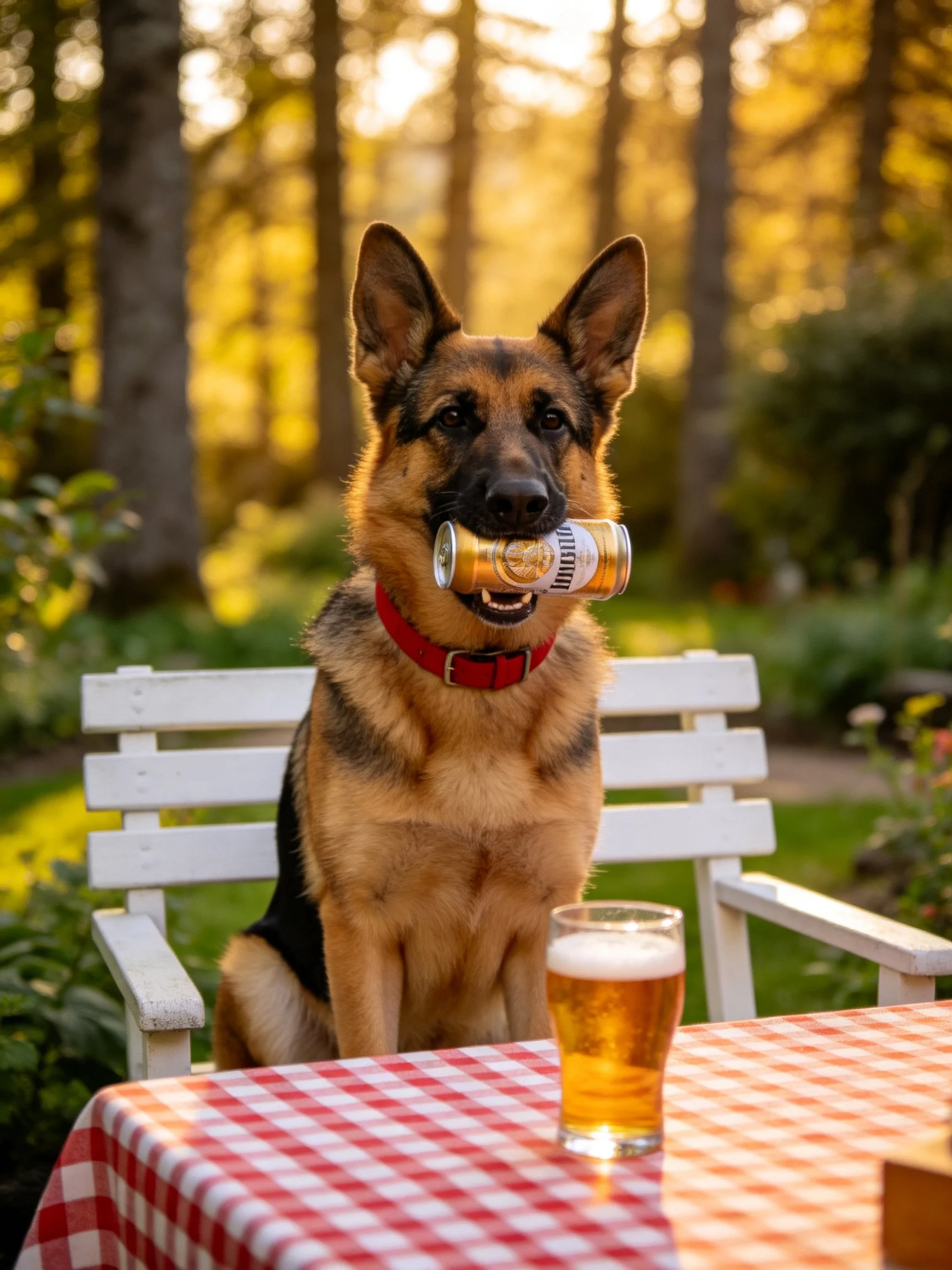 A German Shepherd sits on a white bench holding a beer can next a checkered table.
