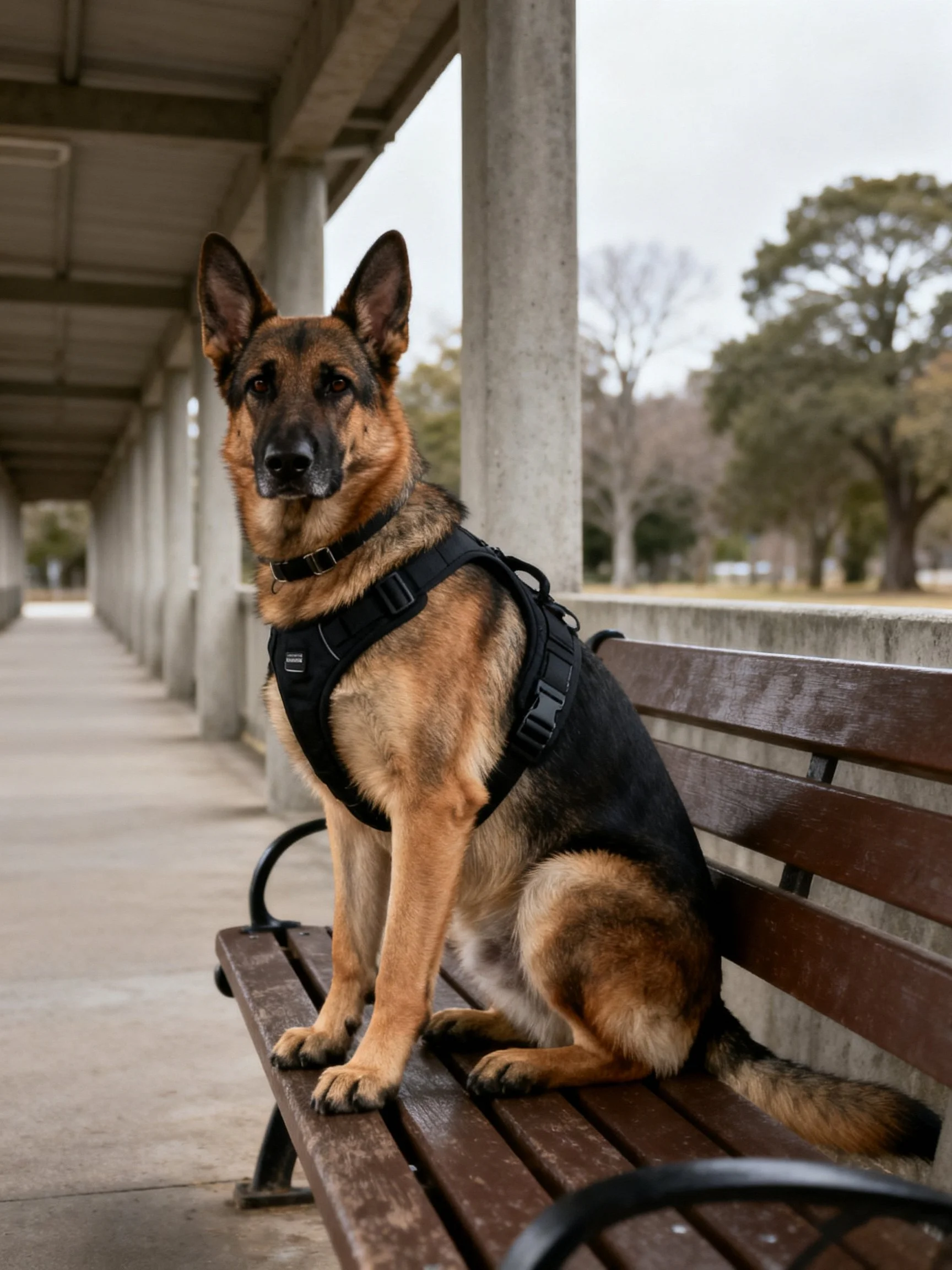 German Shepherd in black harness sits on wooden bench under colonnade