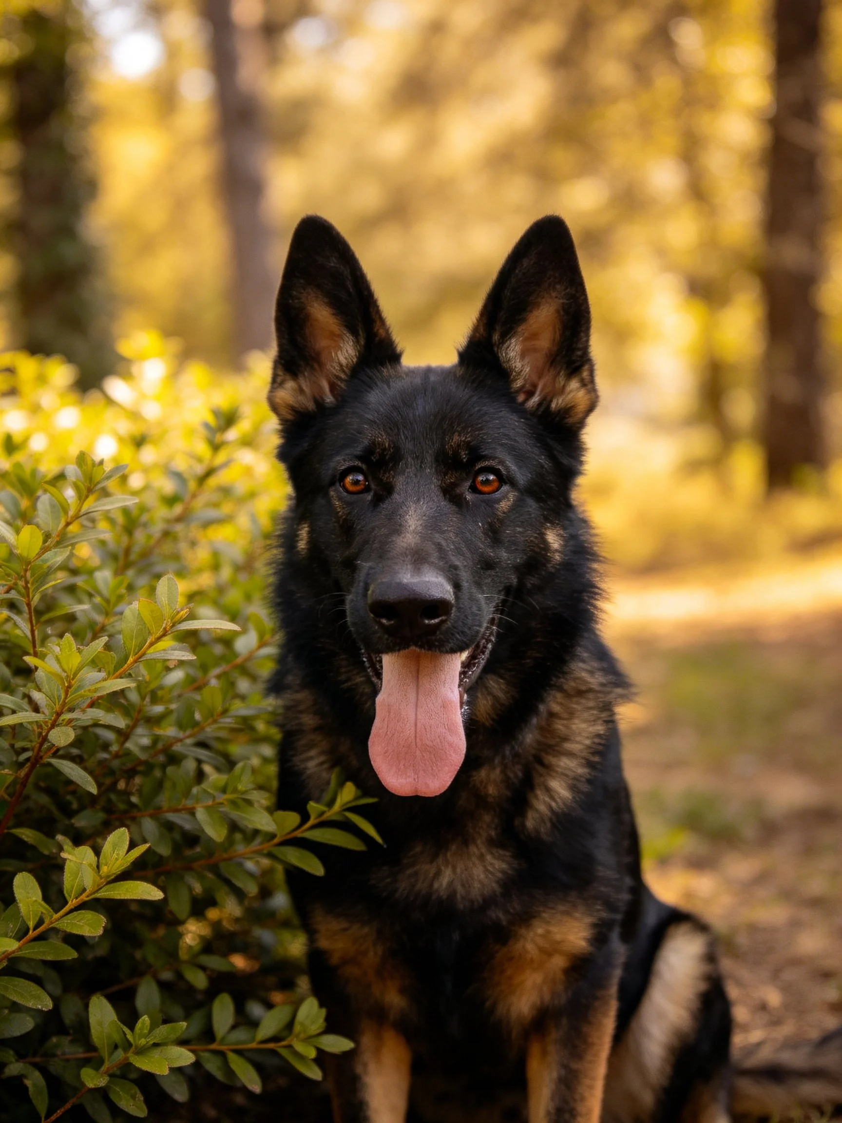 German Shepherd near green bushes in golden woods