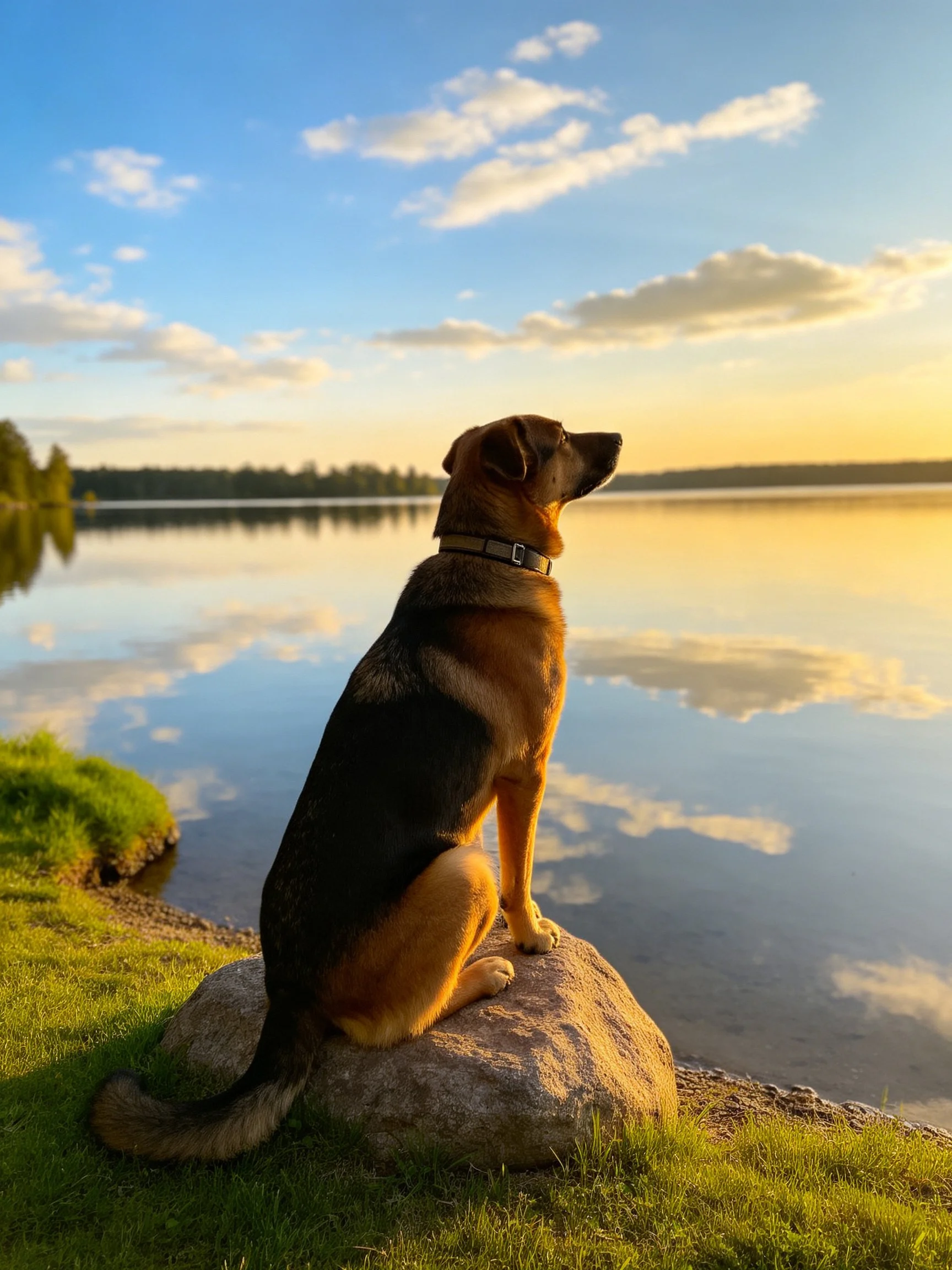 German Shepherd observes calm lake from rock during golden hour