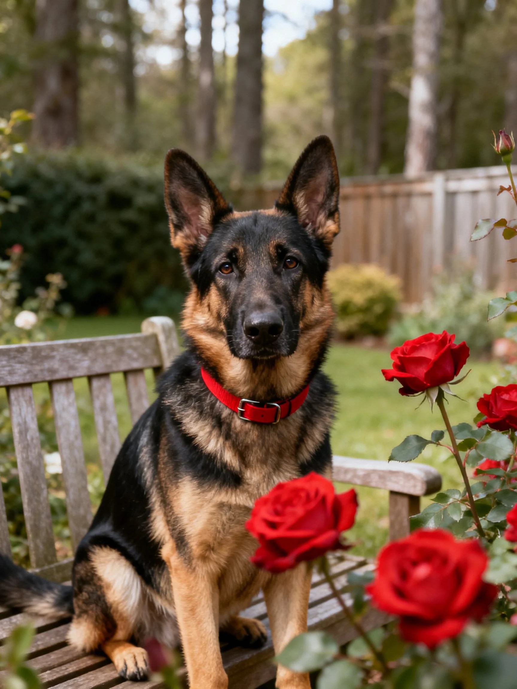 German Shepherd on wooden bench near vibrant red roses
