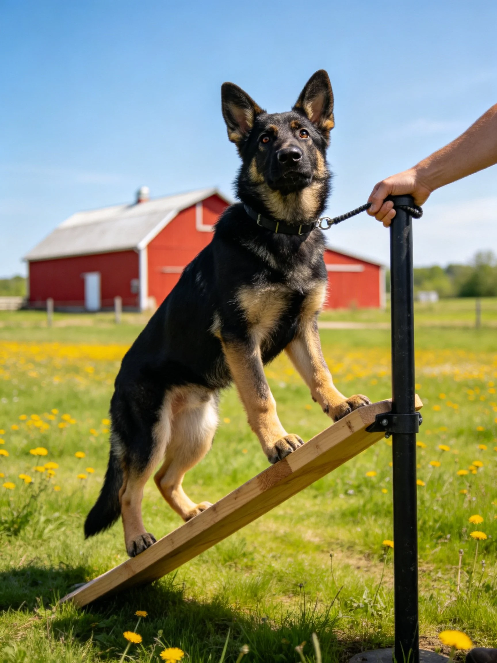 A German Shepherd puppy balances on a wooden ramp in a grassy field with a red barn in the background.