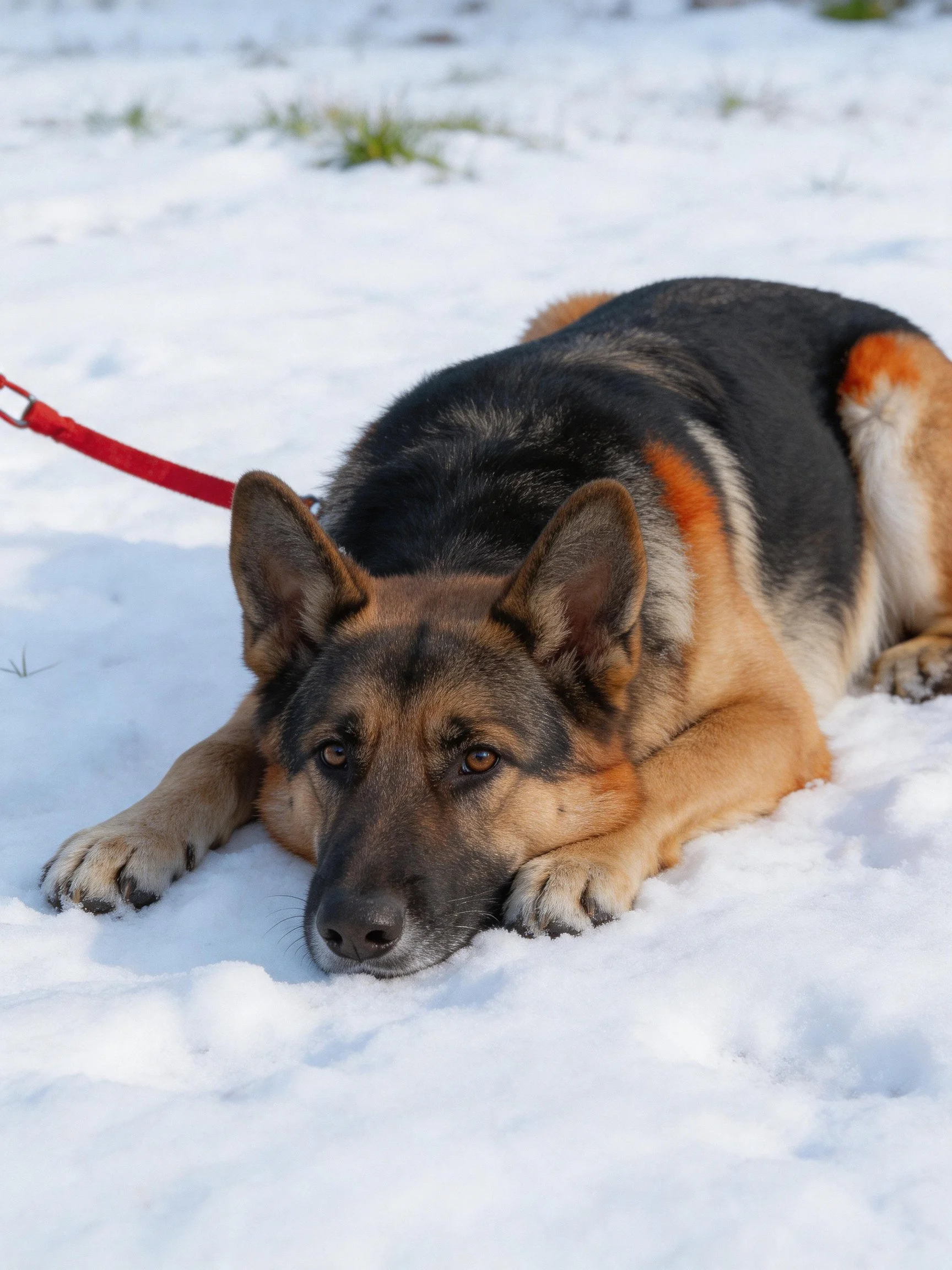 A German Shepherd lies on snow with a red leash attached.