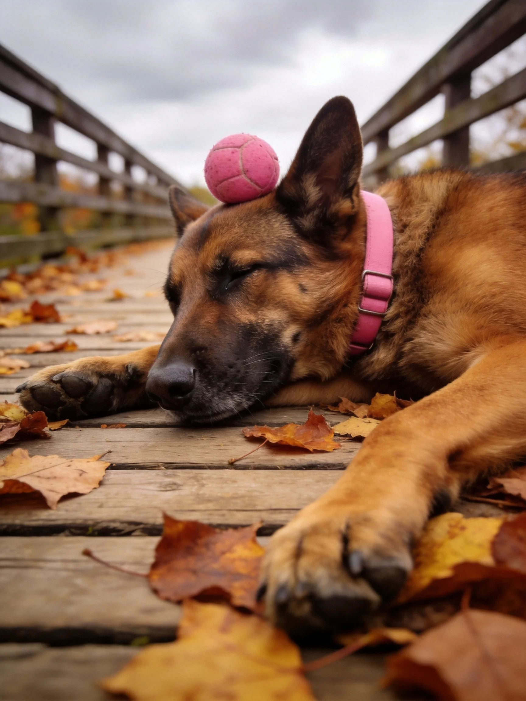 A German Shepherd sleeps with a pink ball on its head near autumn leaves