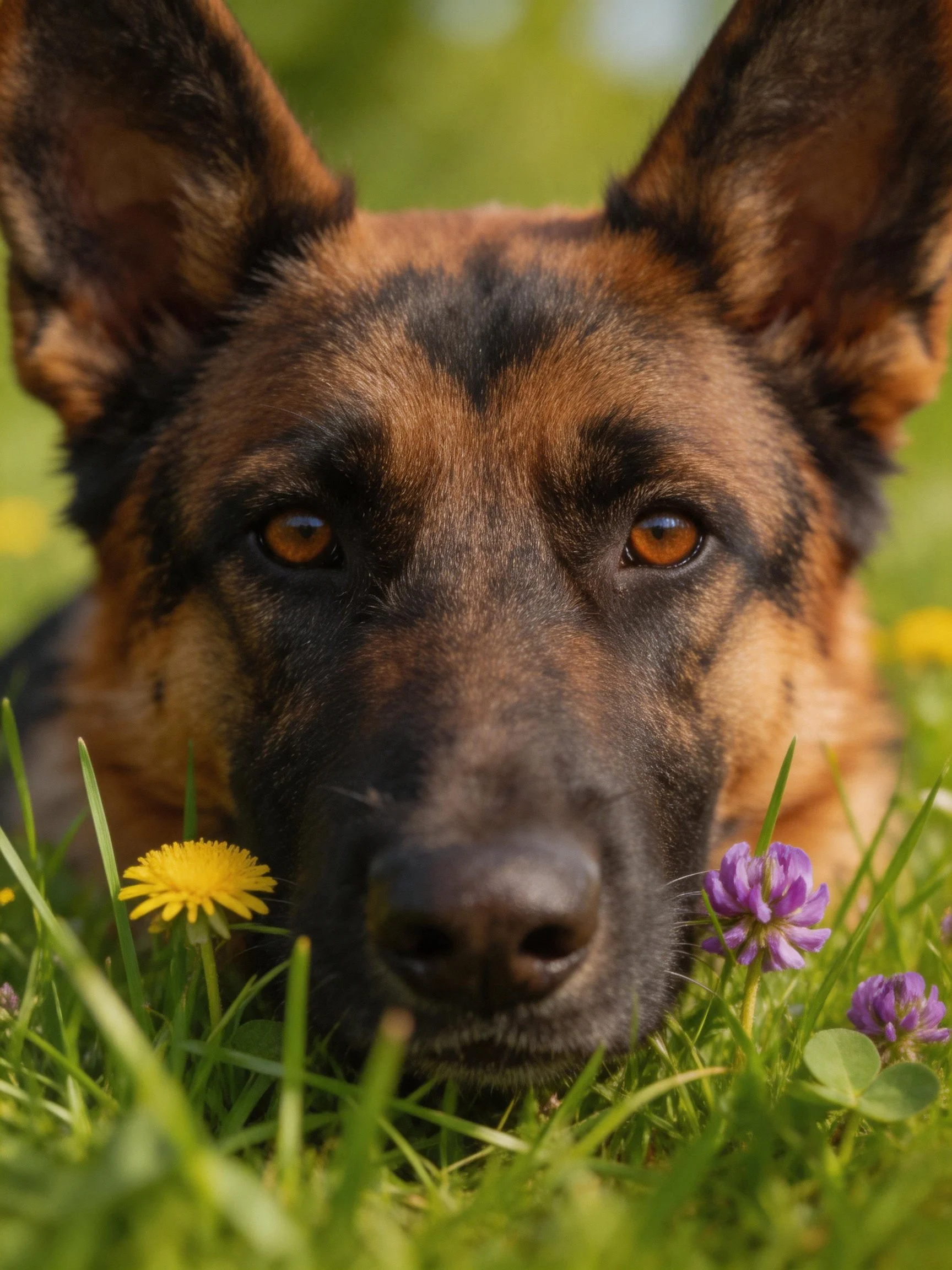 A German Shepherd relaxes in a field with colorful wildflowers.