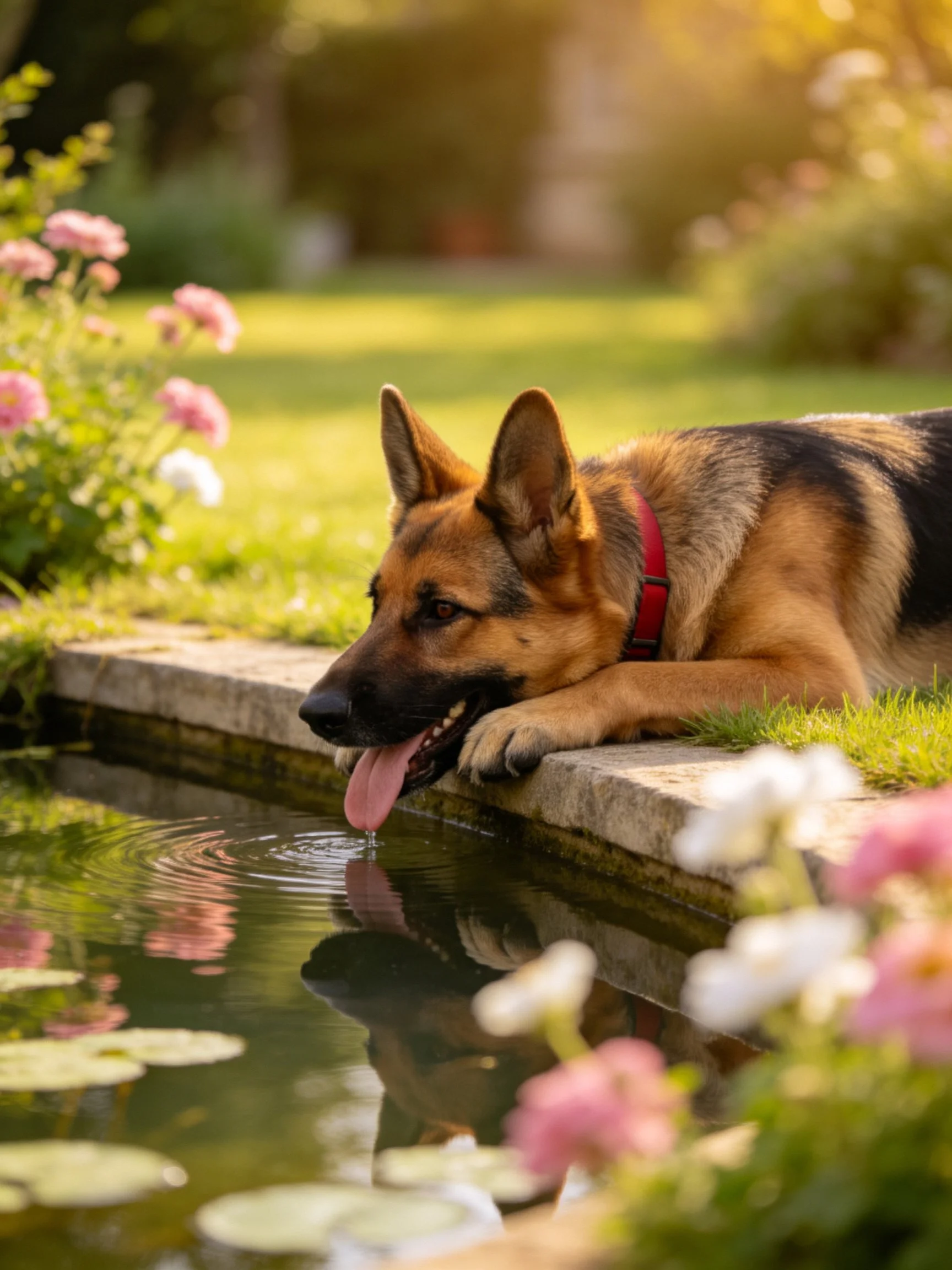 German Shepherd rests by garden pond amid flowering plants