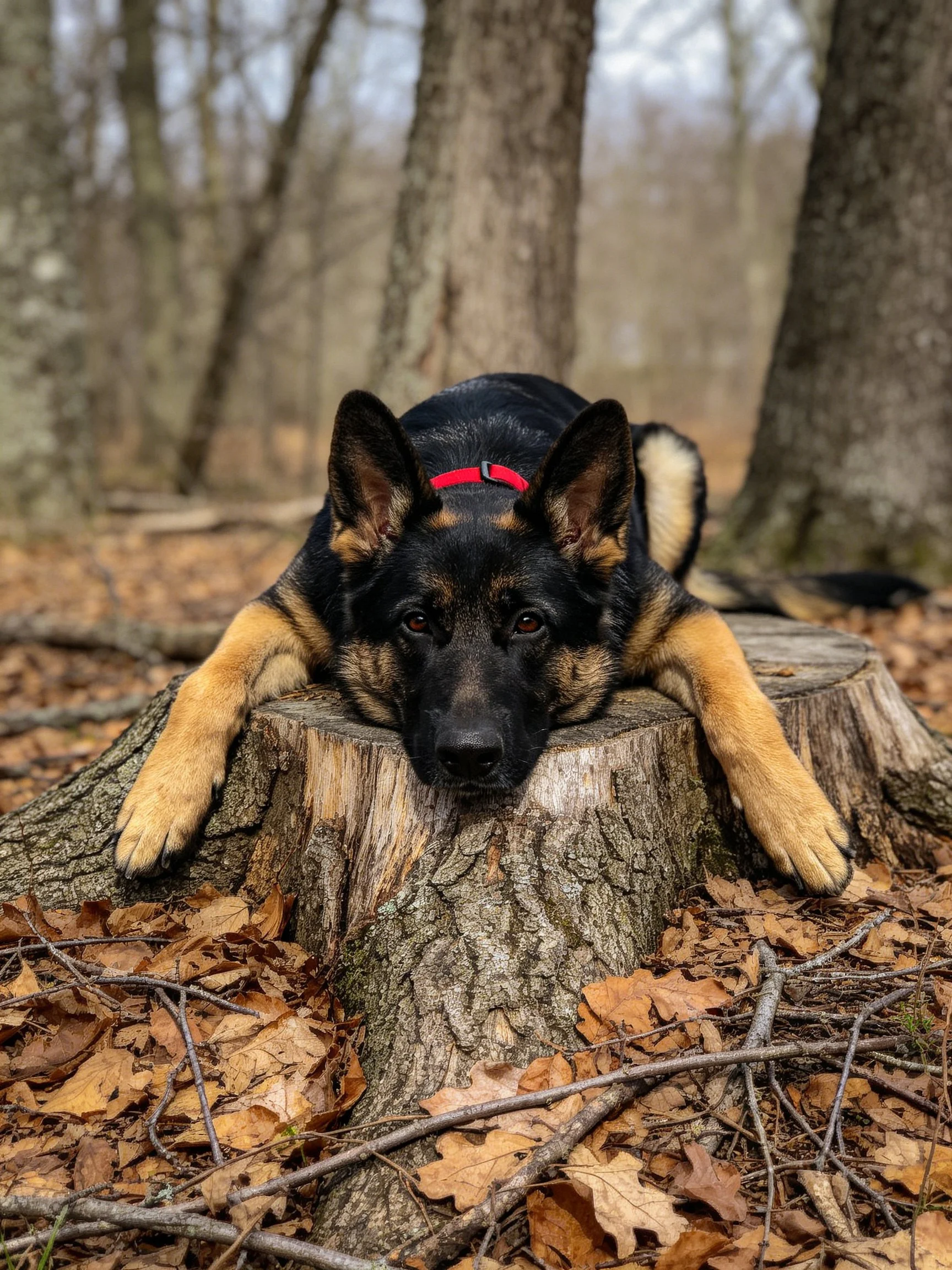 A German Shepherd relaxes on a tree stump surrounded by fallen autumn leaves.