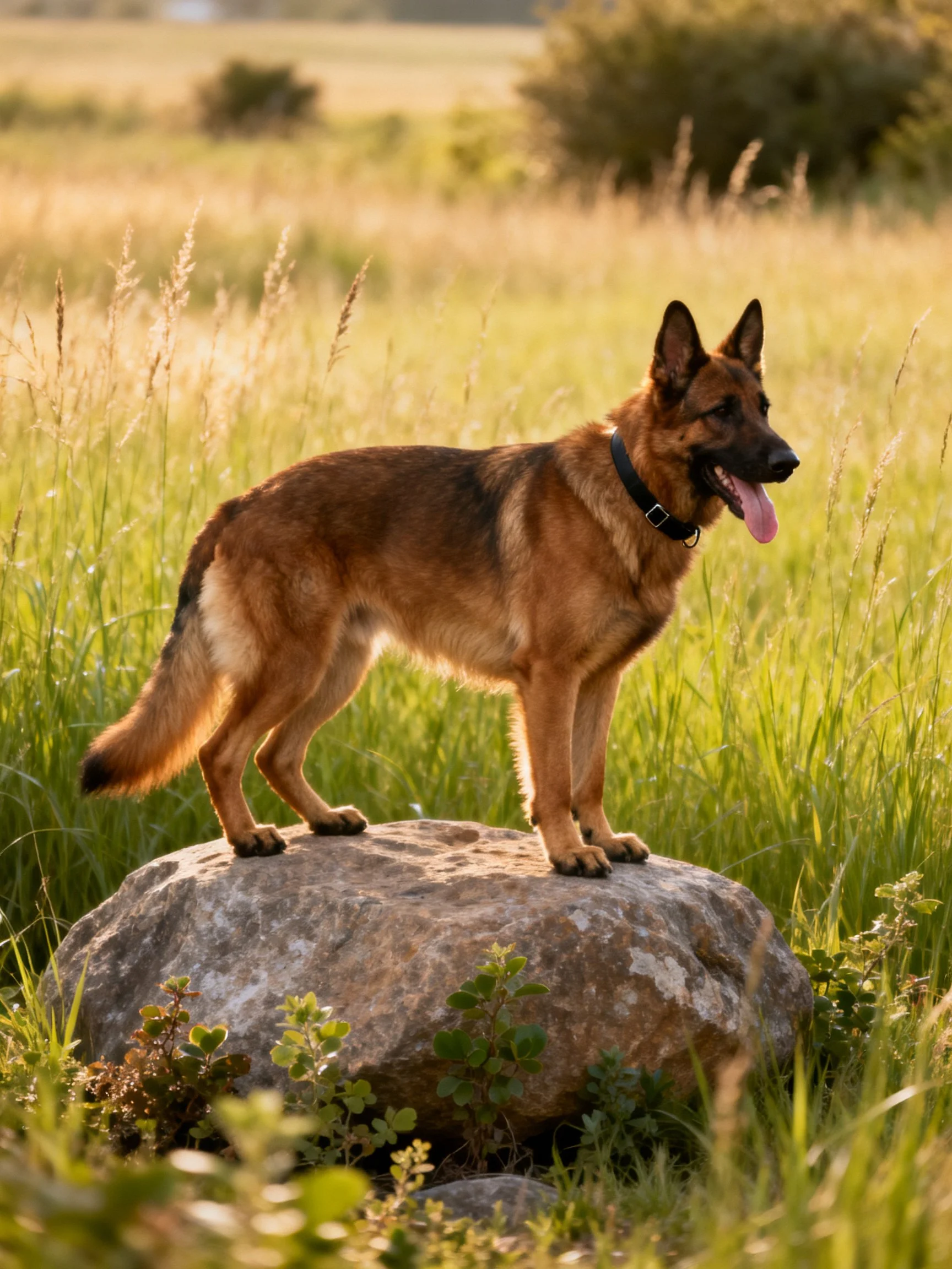 A German Shepherd stands on a rock in a sunlit meadow of tall grass.