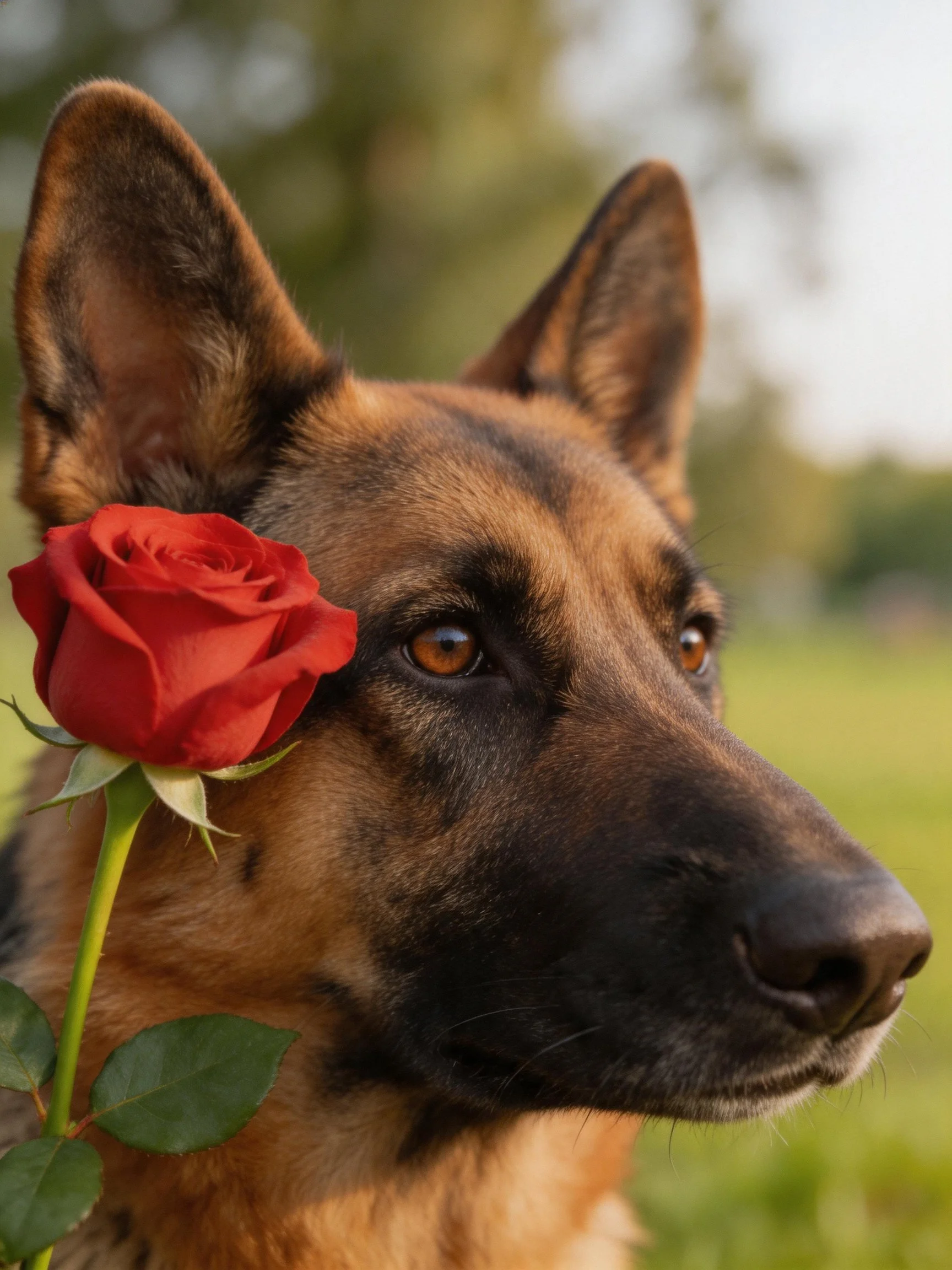 A German Shepherd has a red rose near its ear in a sunlit outdoor area.